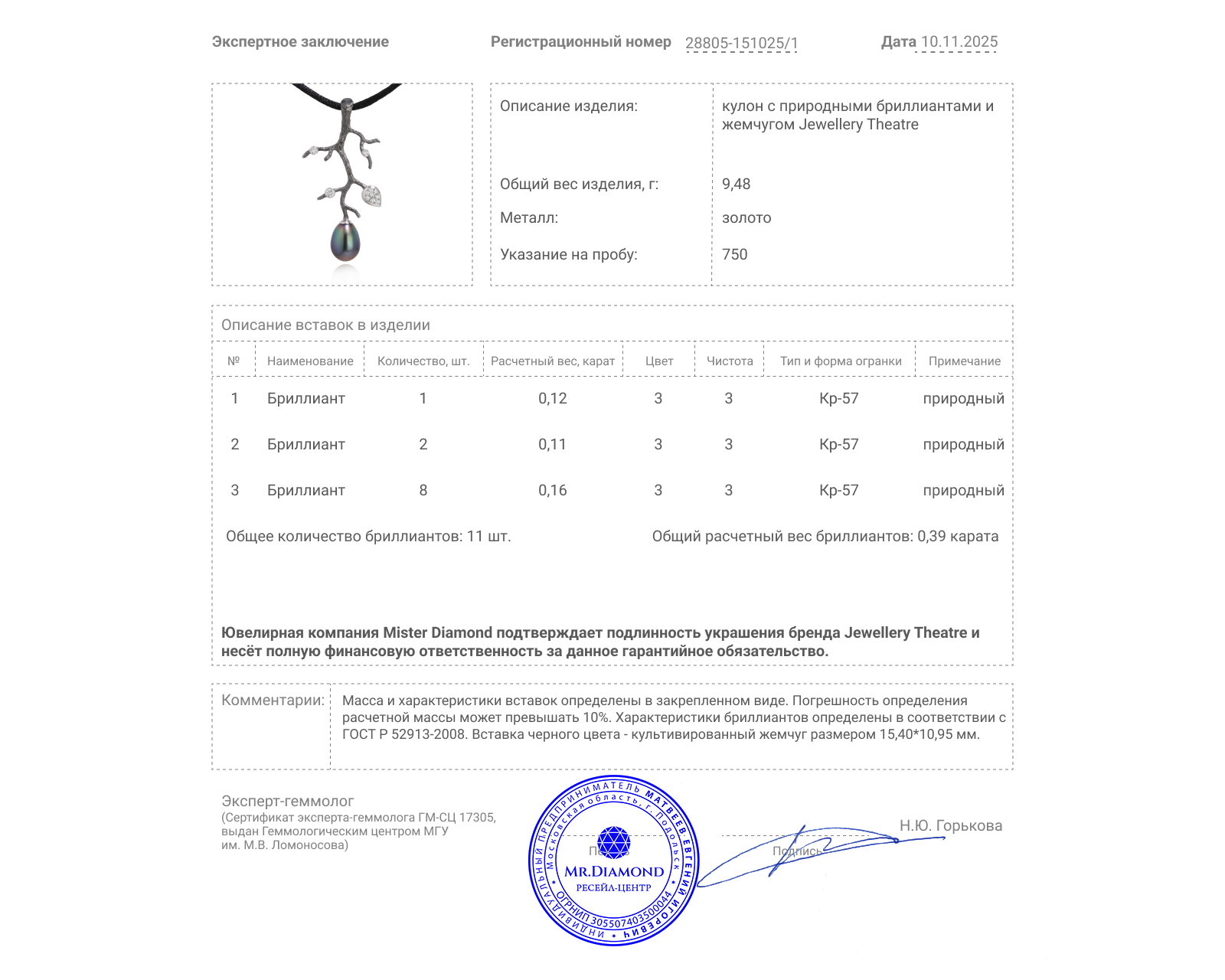 Оригинальный золотой кулон Jewellery Theatre Eden