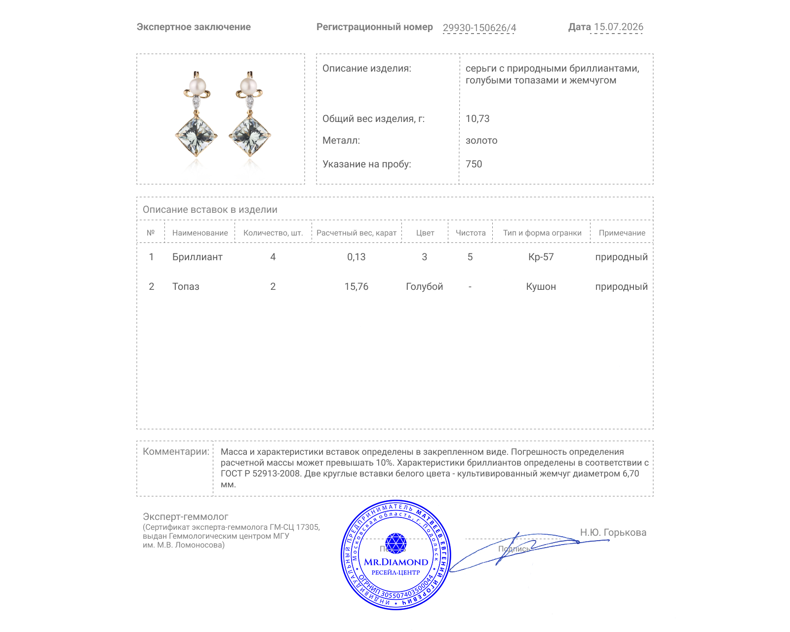 Золотые серьги с жемчугом 6.70 мм и топазами 15.76ct