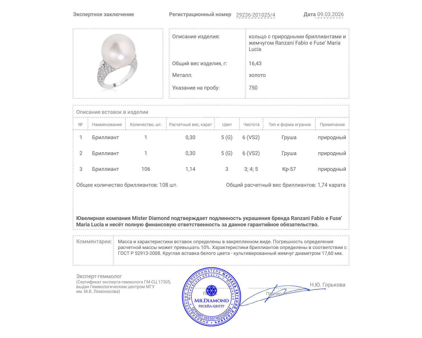 Оригинальное золотое кольцо с жемчугом 17.60 мм Ranzani Fabio e Fuse' Maria Lucia