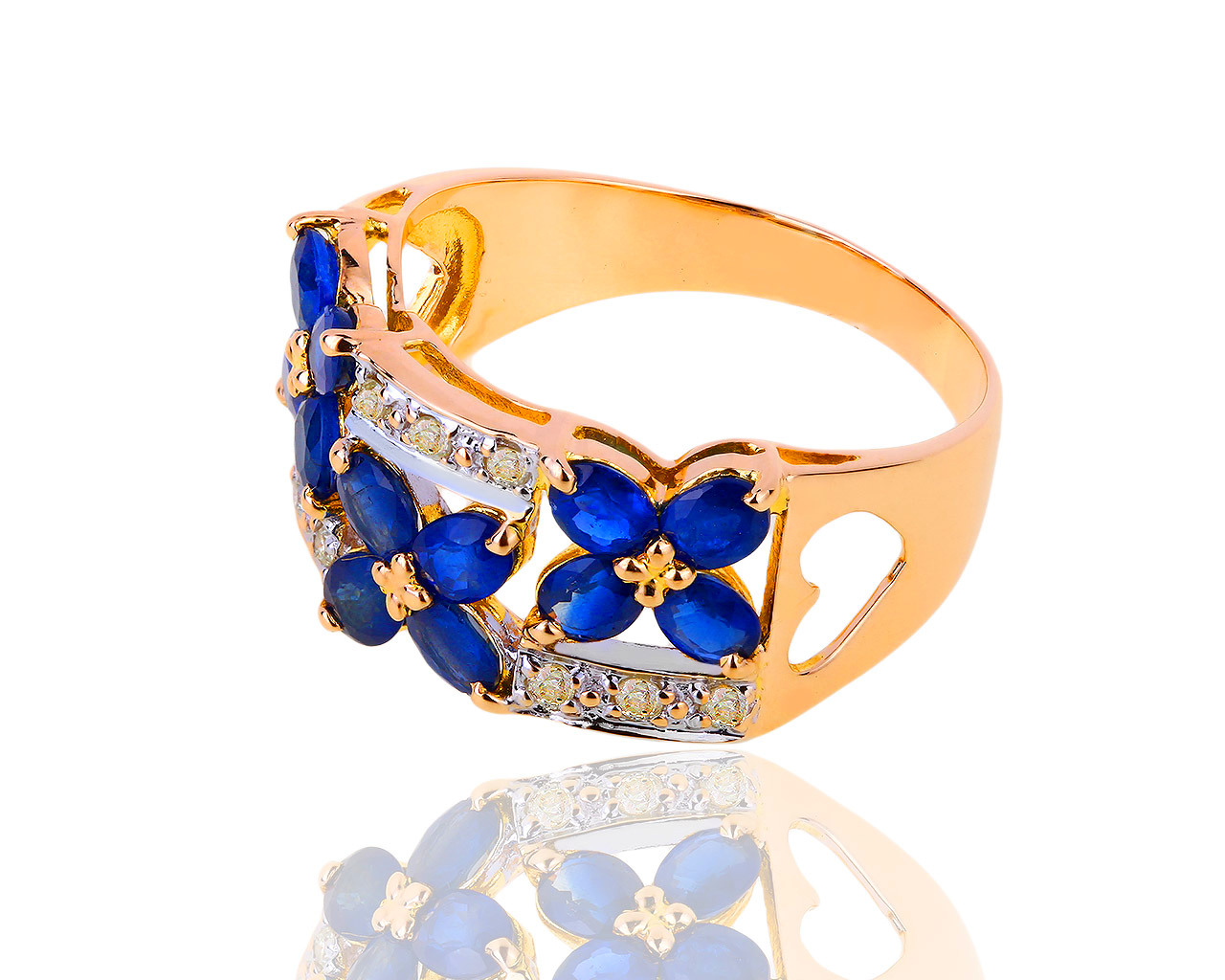 Золотое кольцо с бриллиантами и сапфирами 2.10ct