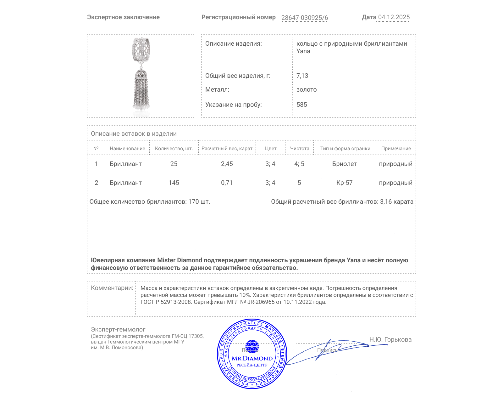 Оригинальное золотое кольцо с бриллиантами 3.16ct Yana Tassel
