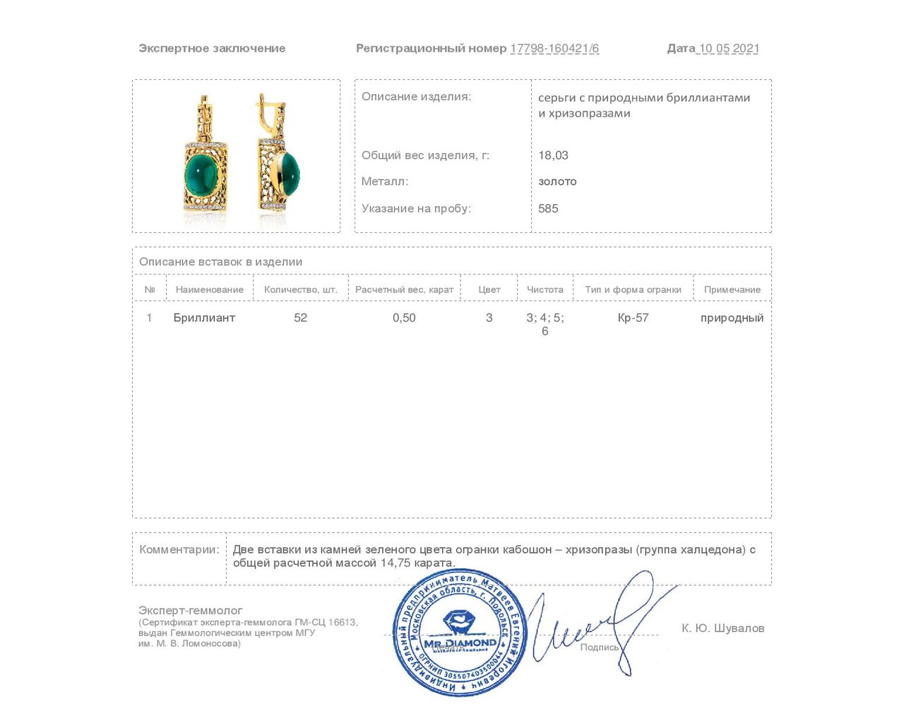 Очаровательные золотые серьги с хризопразами 14.75ct