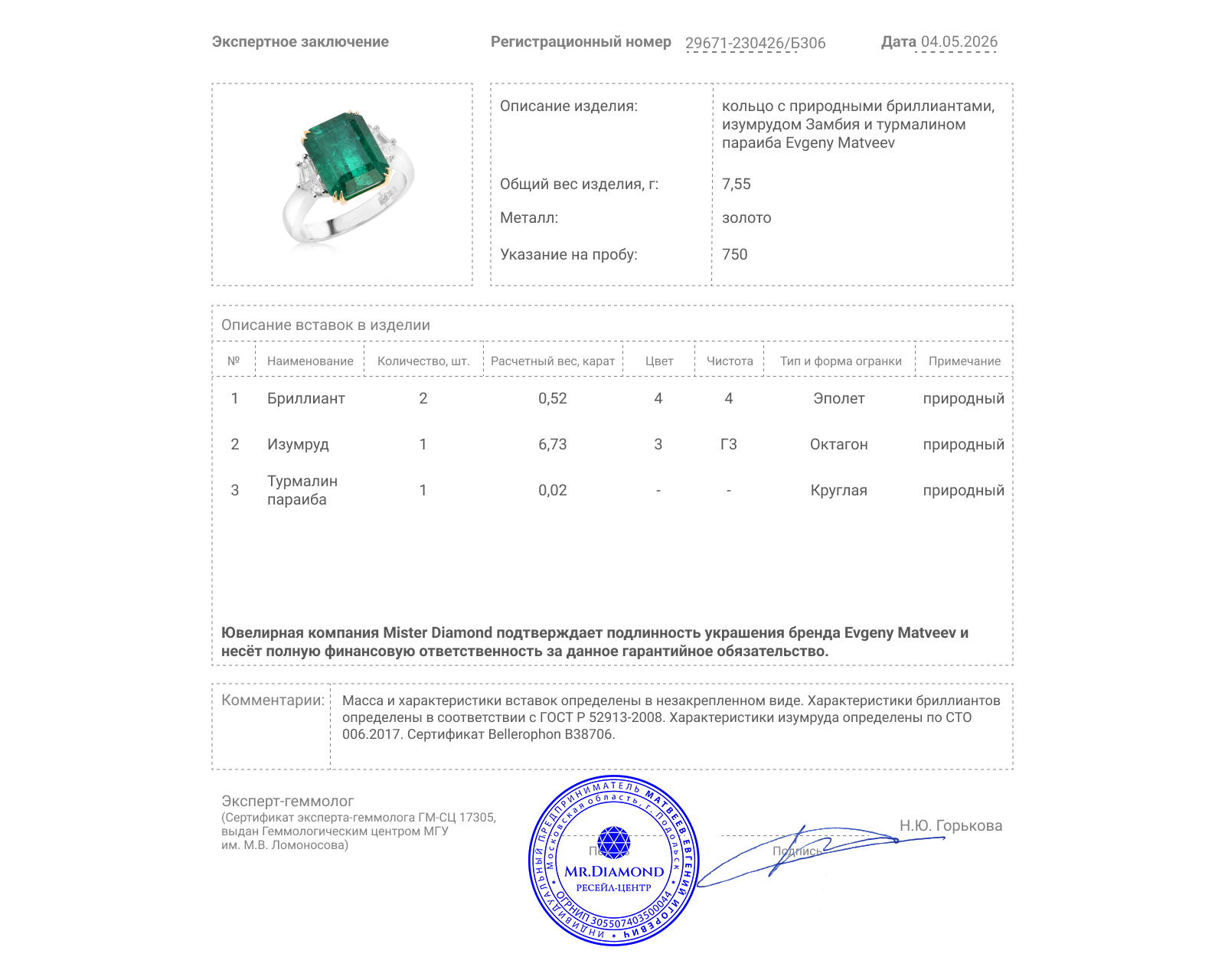 Золотое кольцо с изумрудом Замбия 6.73ct Evgeny Matveev