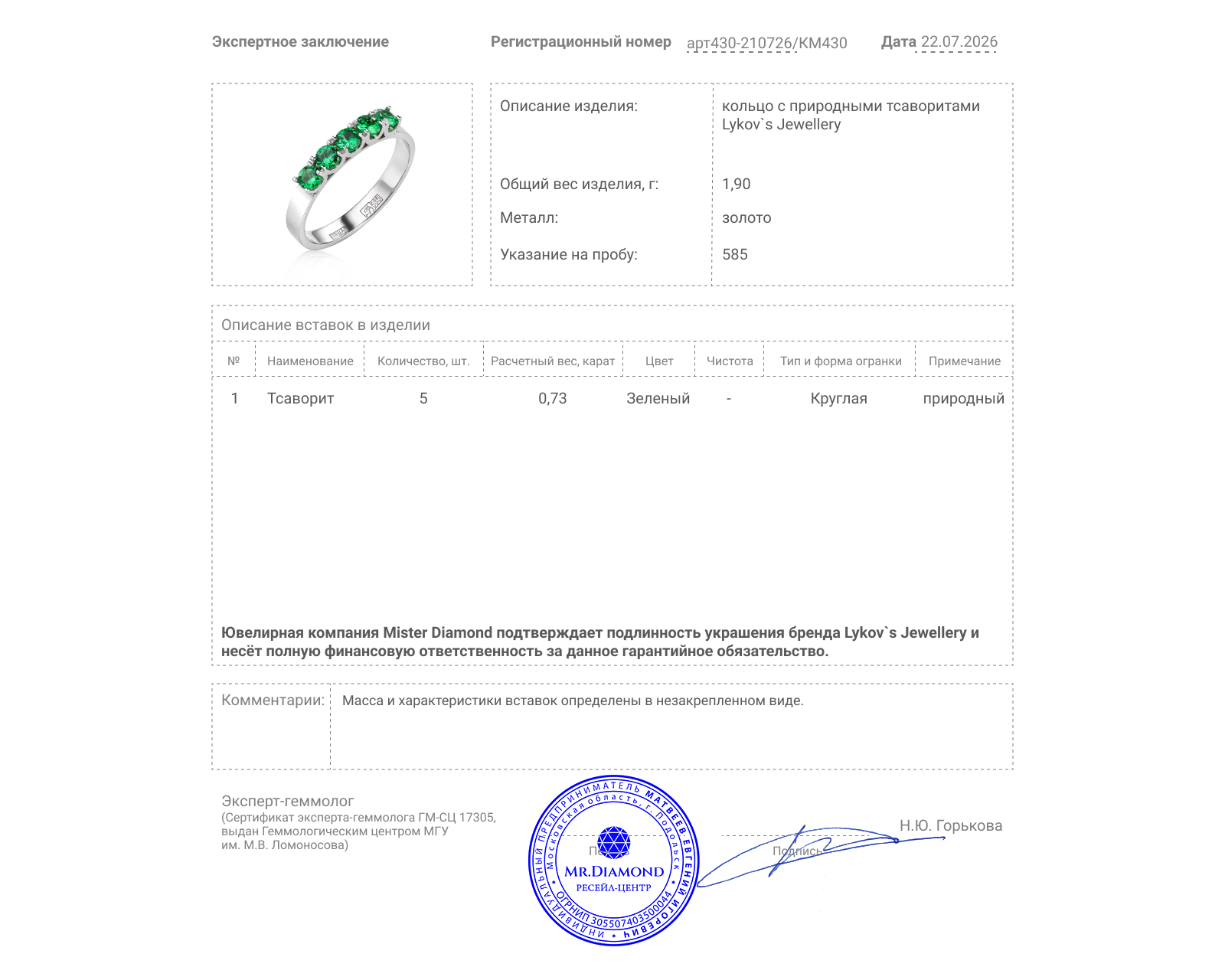 Оригинальное золотое кольцо с тсаворитами 0.73ct Lykov`s Jewellery