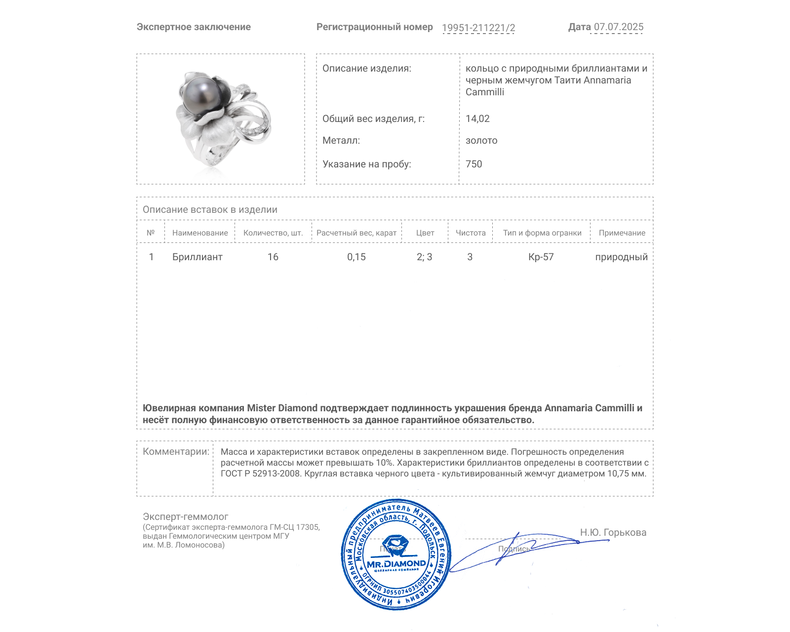 Оригинальное золотое кольцо с жемчугом 10.75 мм Annamaria Cammilli
