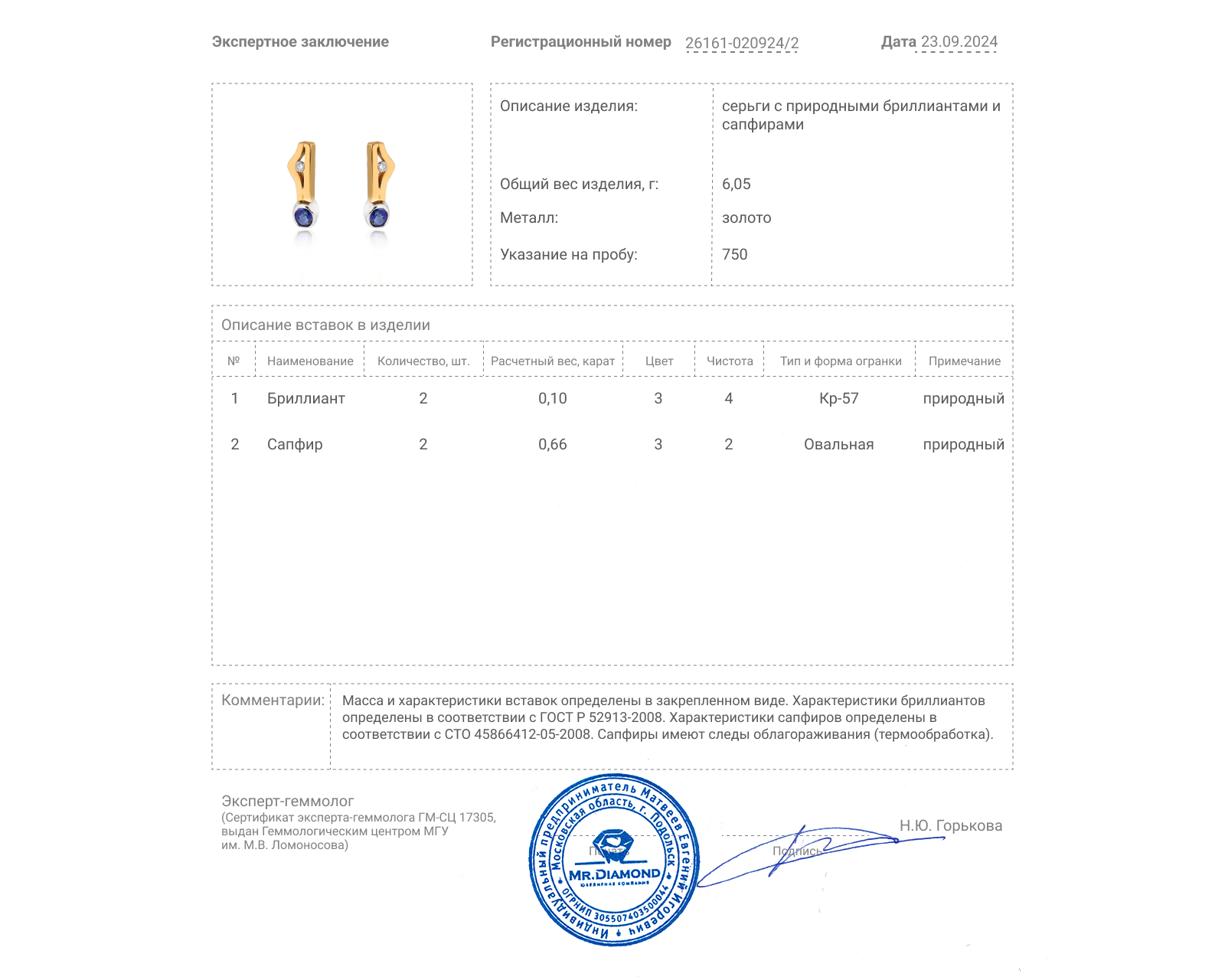 Золотые серьги с сапфирами 0.66ct и бриллиантами 0.10ct