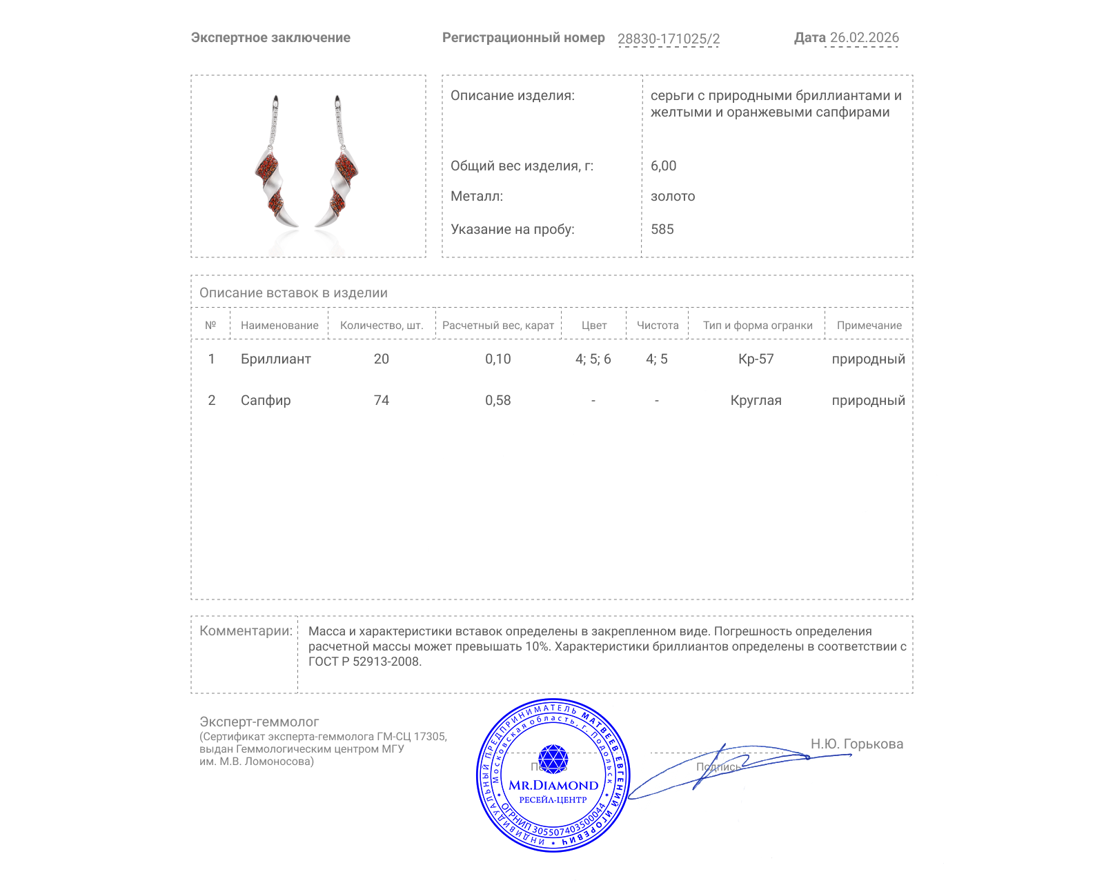 Золотые серьги с сапфирами 0.58ct и бриллиантами 0.10ct