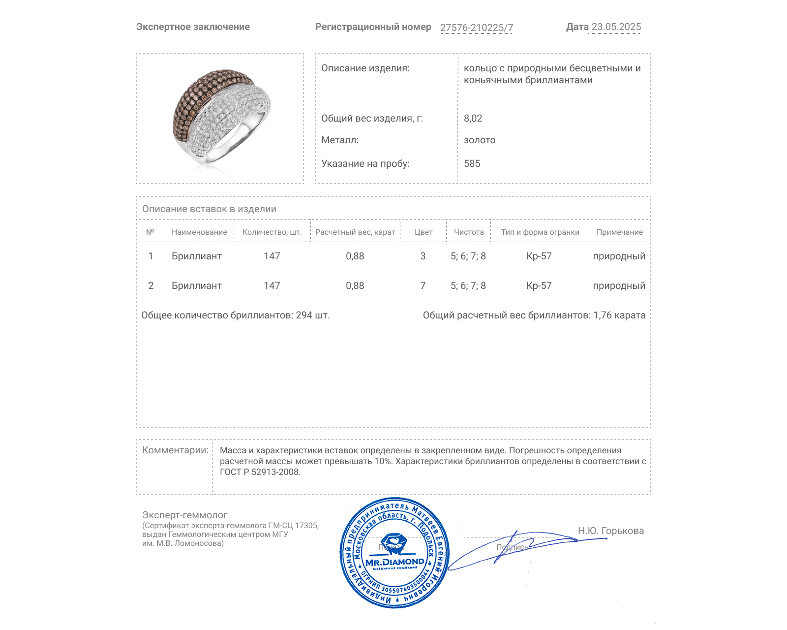 Золотое кольцо с бриллиантами 1.76ct