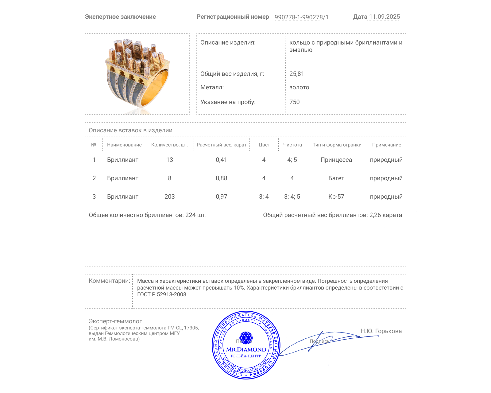 Золотое кольцо с эмалью и бриллиантами 2.26ct