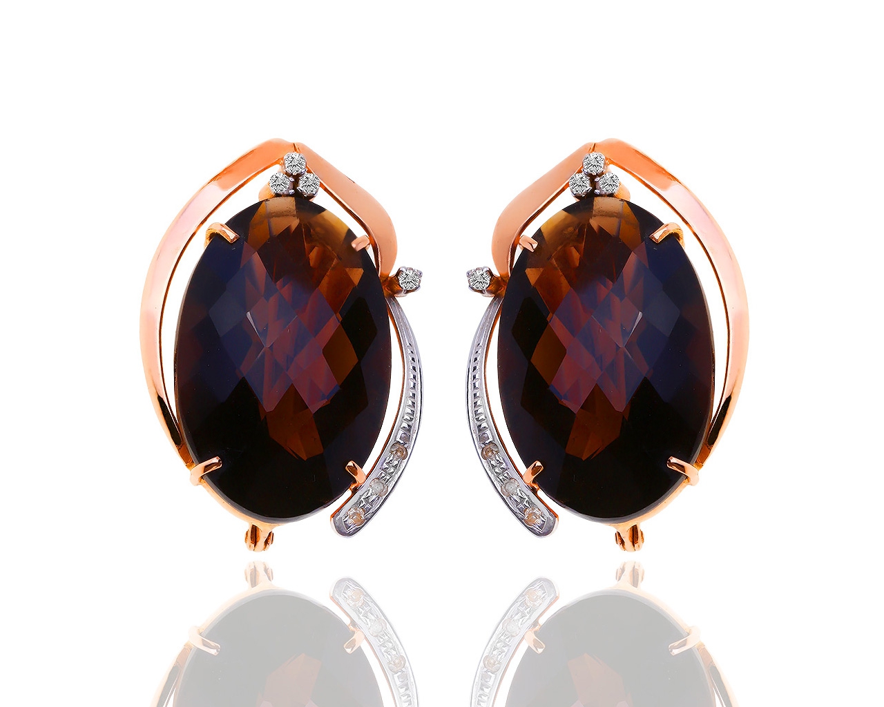 Золотые серьги с дымчатым кварцем и бриллиантами 0.15ct 121218/3