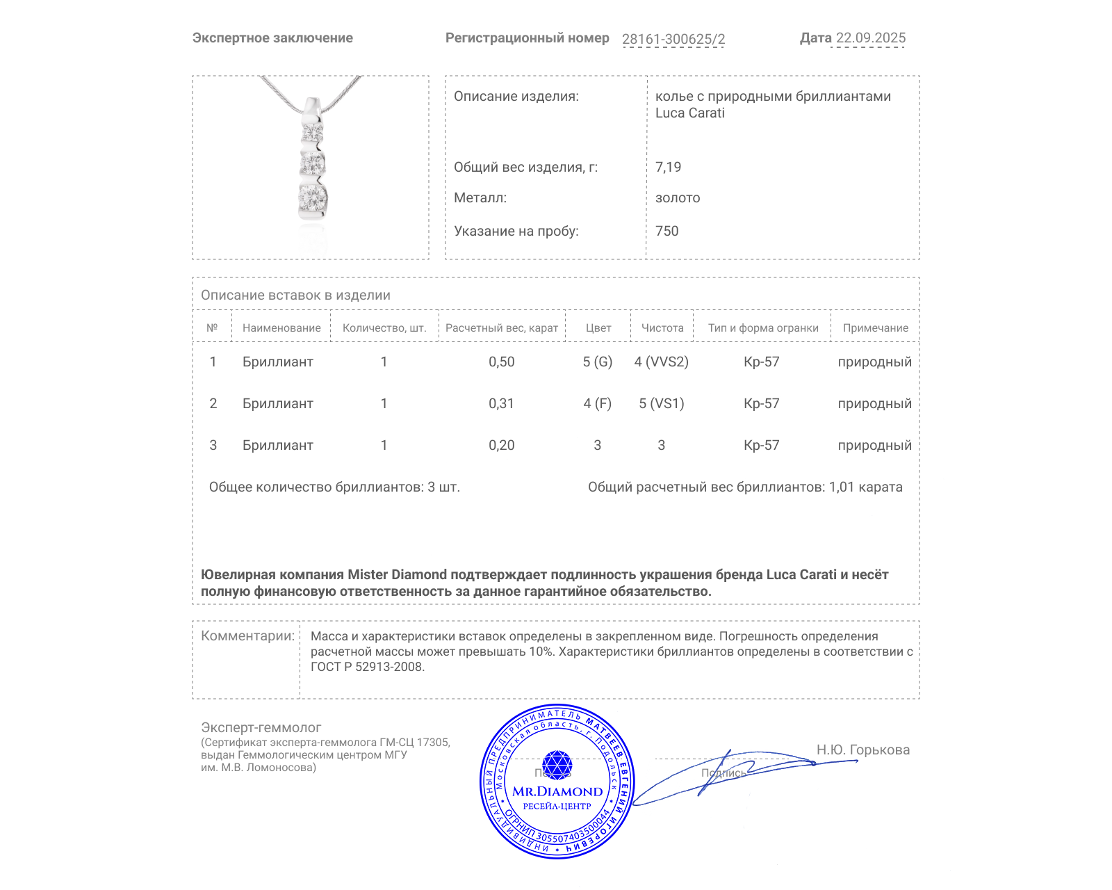 Оригинальное золотое колье с бриллиантами 1.01ct Luca Carati