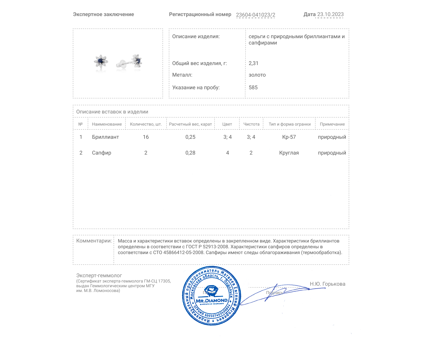 Золотые серьги с сапфирами 0.28ct и бриллиантами 0.25ct