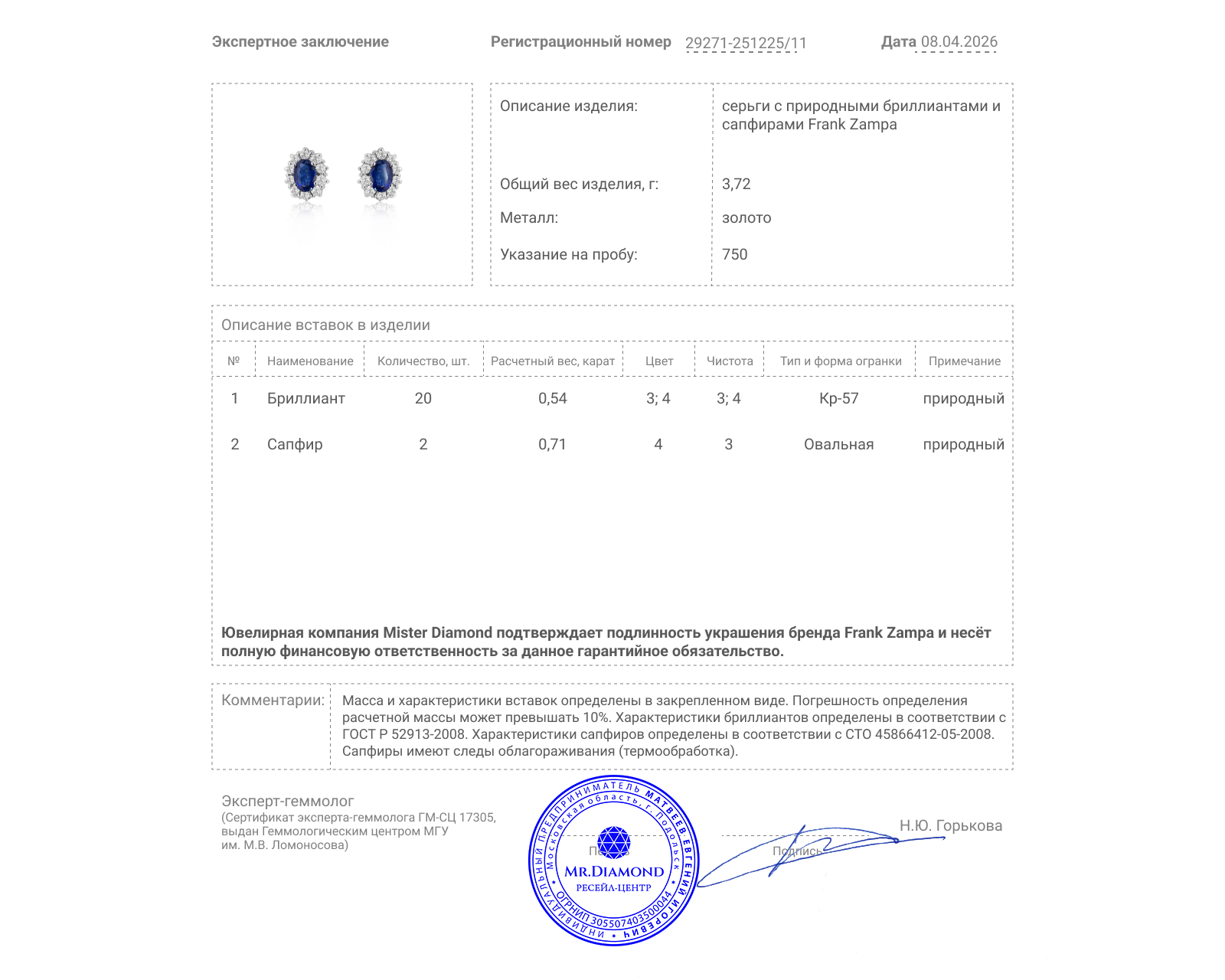 Оригинальные золотые серьги с сапфирами 0.71ct Frank Zampa