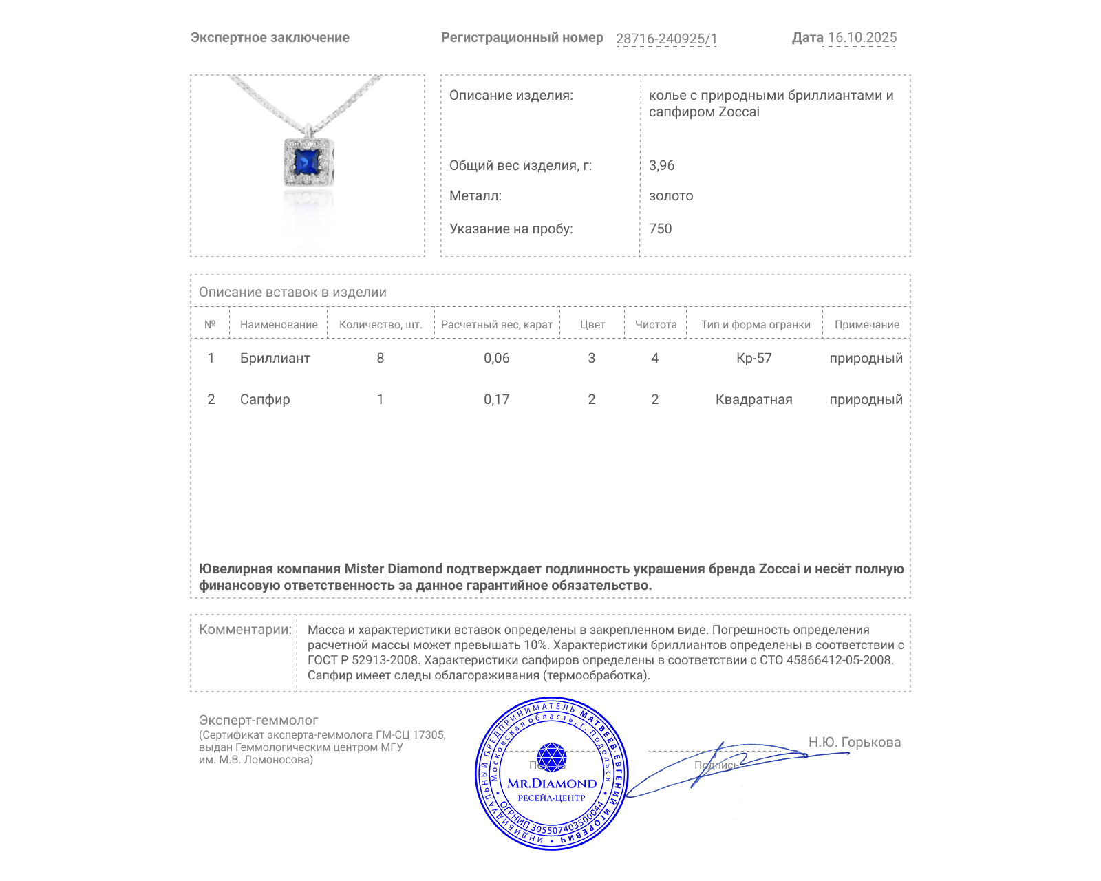 Оригинальное золотое колье с сапфиром 0.17ct Zoccai