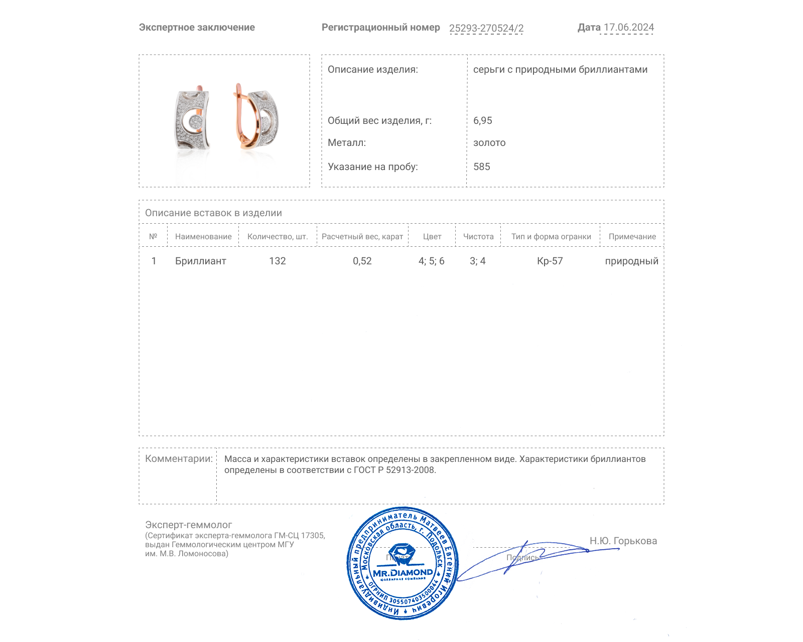 Золотые серьги с бриллиантами 0.52ct