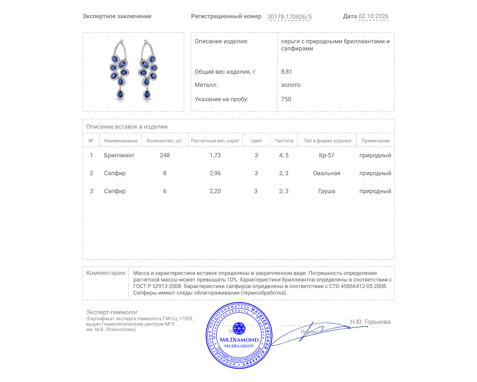 Золотые серьги с сапфирами 5.16ct и бриллиантами 1.73ct