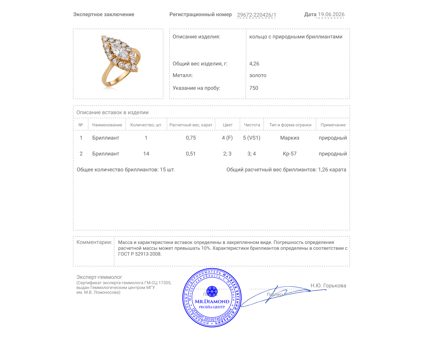 Золотое кольцо с бриллиантами 1.26ct