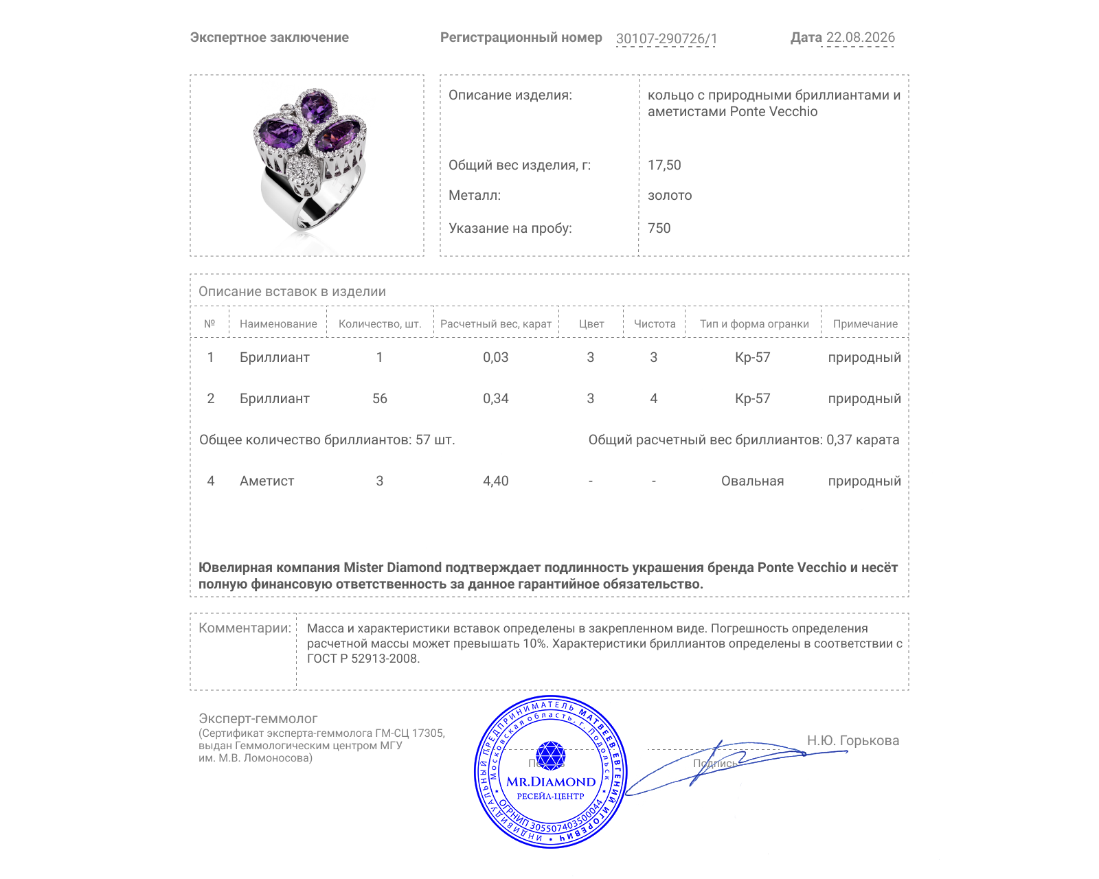 Оригинальное золотое кольцо с аметистами 4.40ct Ponte Vecchio