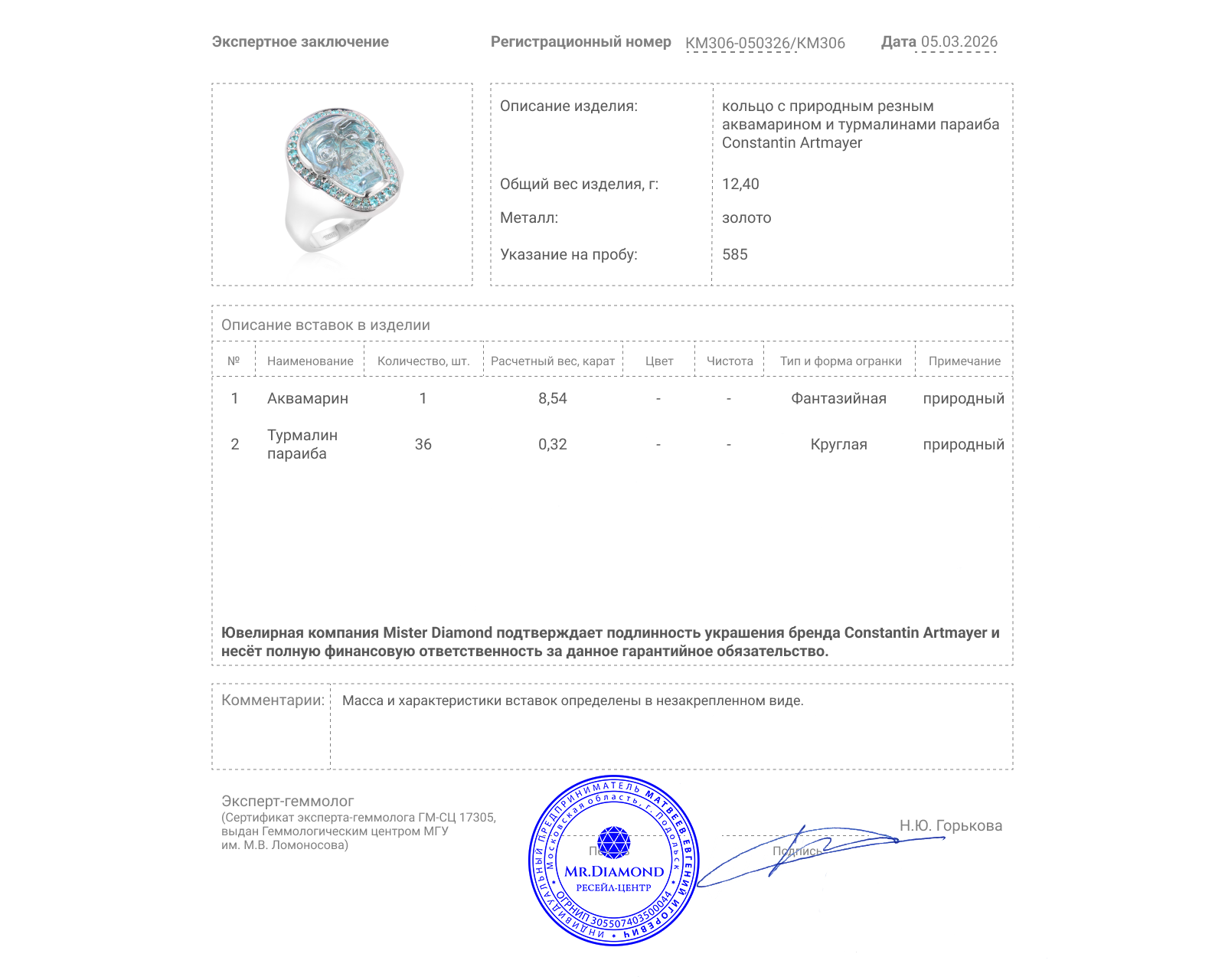 Оригинальное золотое кольцо с аквамарином 8.54ct Constantin Artmayer