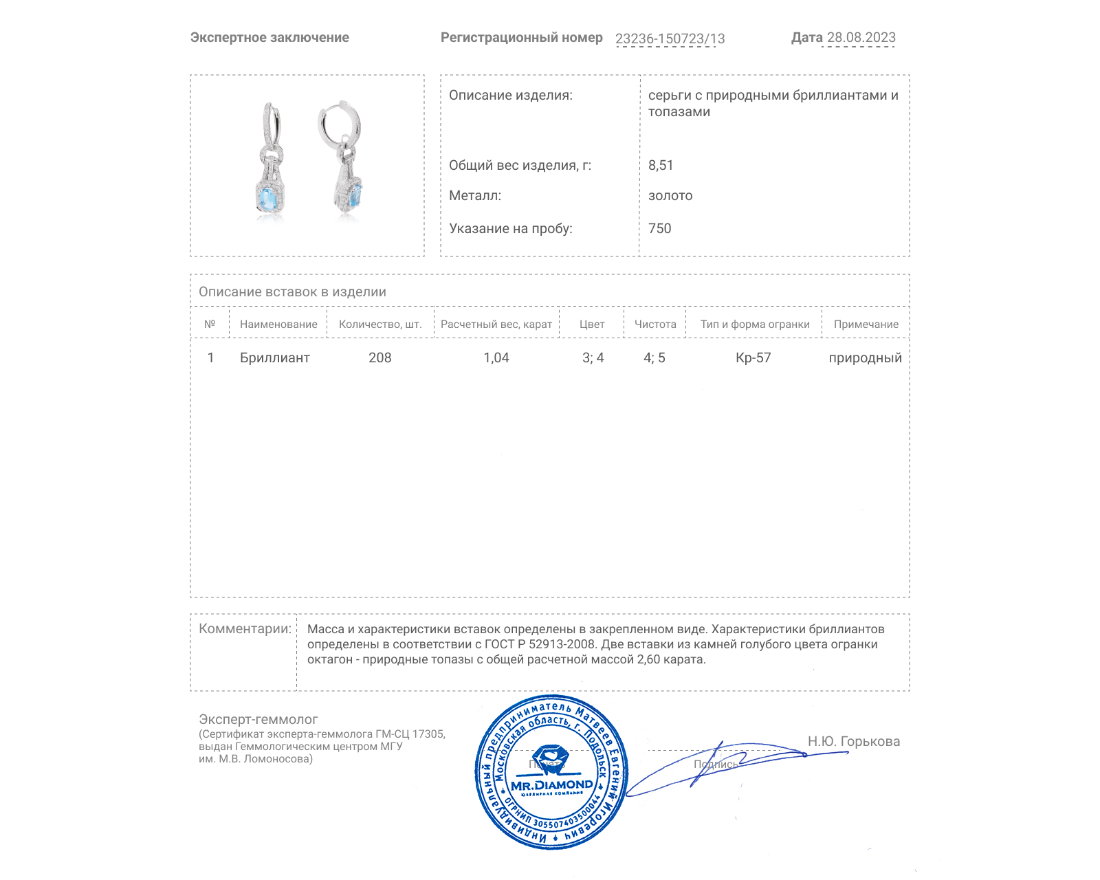 Золотые серьги с топазами 2.60ct
