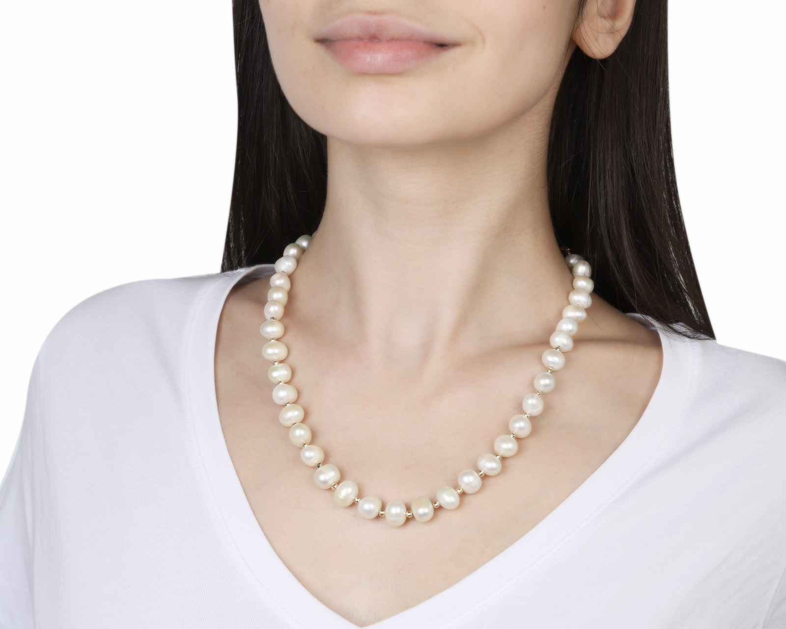 Женственное золотое колье с жемчугом 8-10 мм