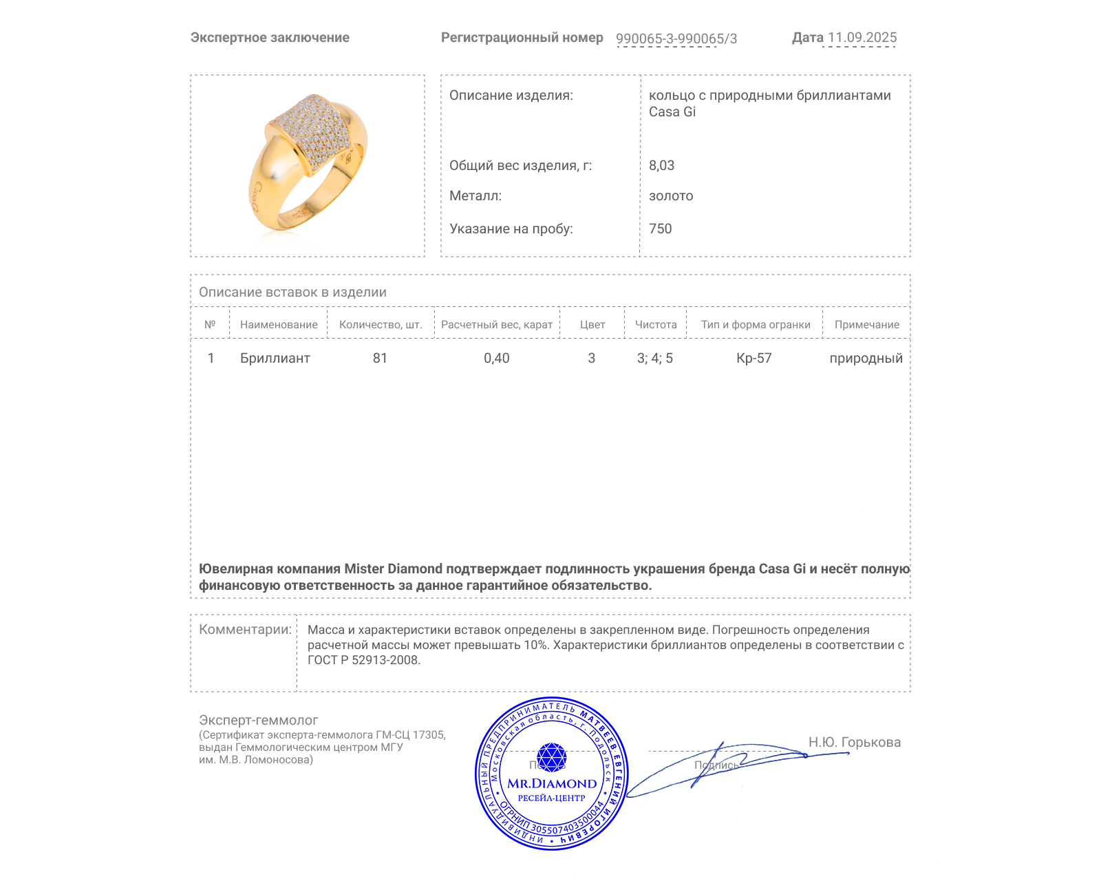 Оригинальное золотое кольцо с бриллиантами 0.40ct Casa Gi