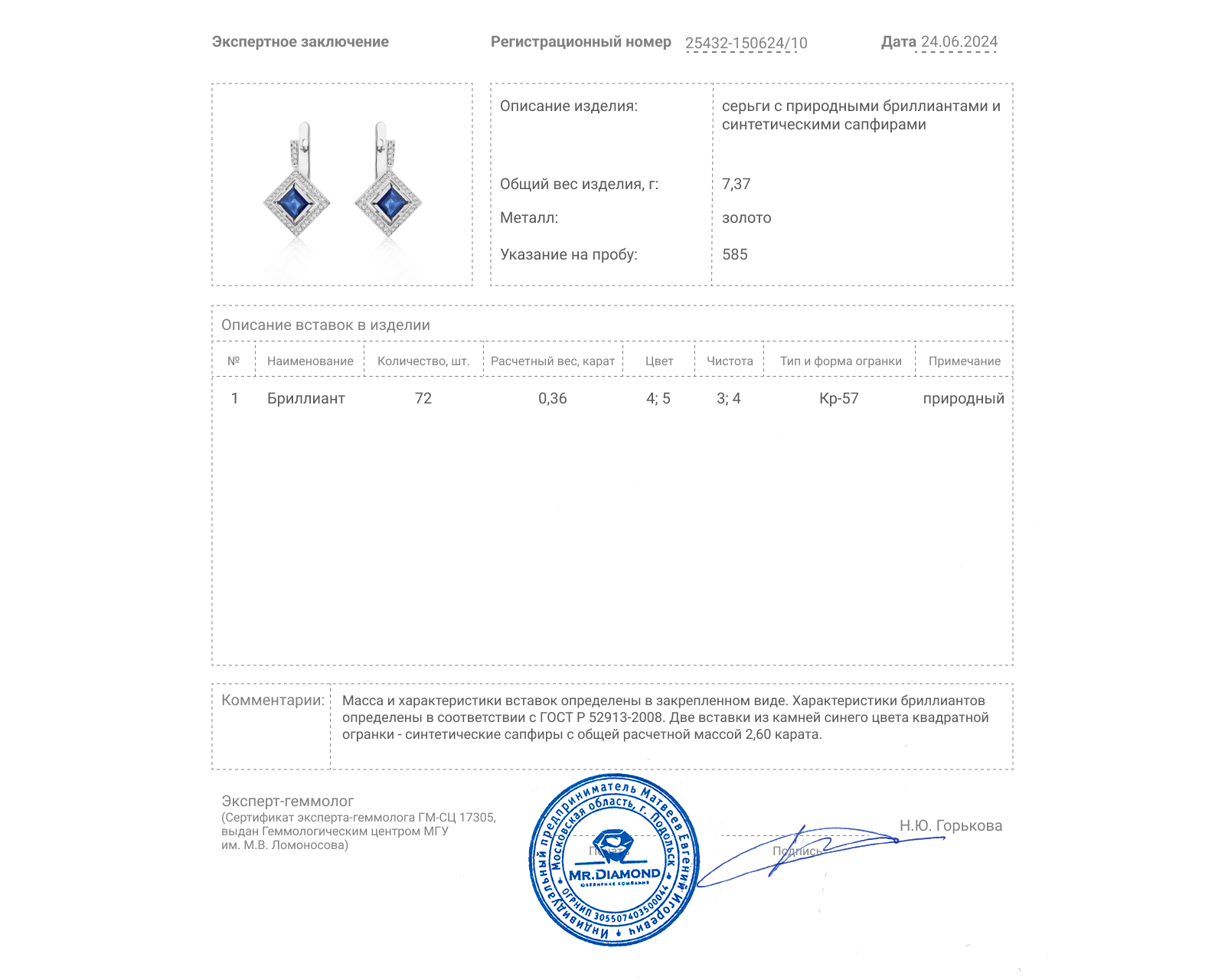 Золотые серьги с сапфирами 2.60ct и бриллиантами 0.36ct