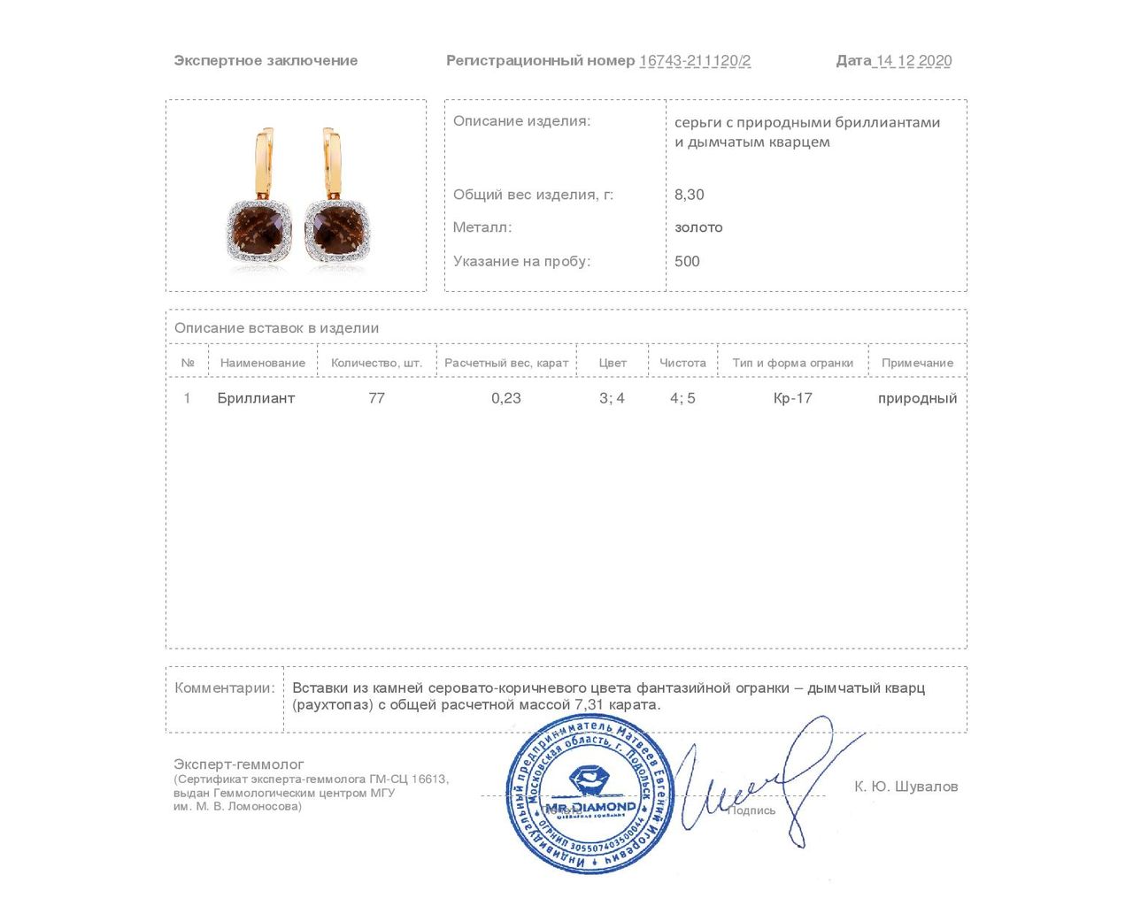 Женственные золотые серьги с раухтопазами 7.31ct