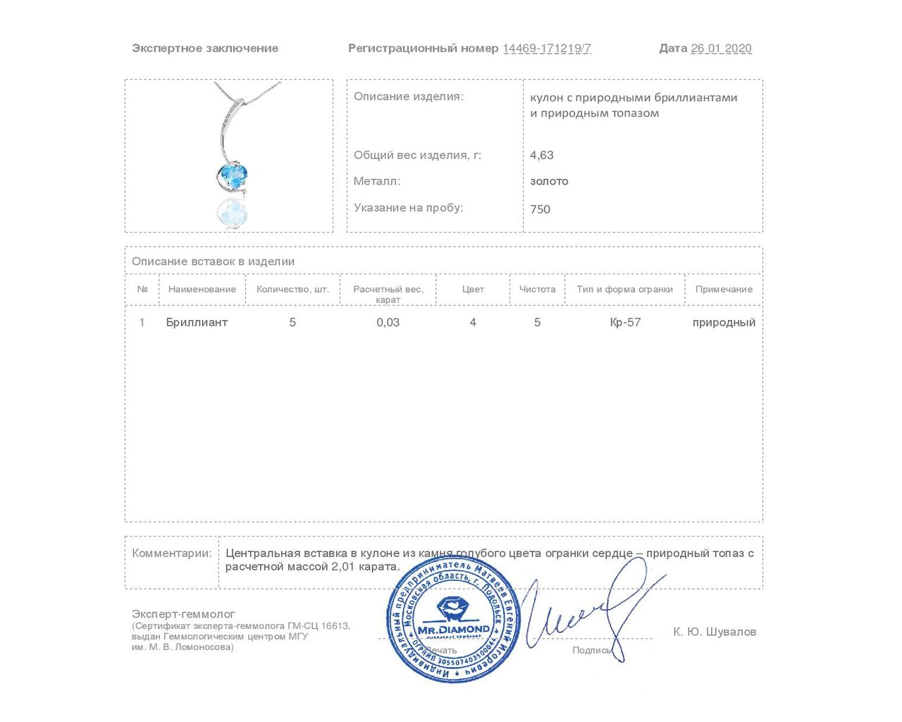 Итальянский золотой кулон с топазом 2.01ct