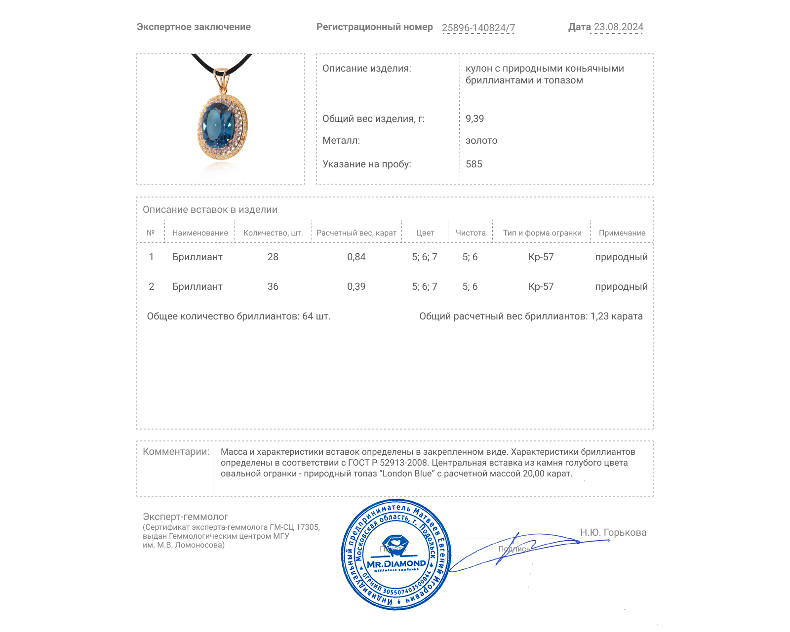 Золотой кулон с топазом 20.00ct и бриллиантами 1.23ct