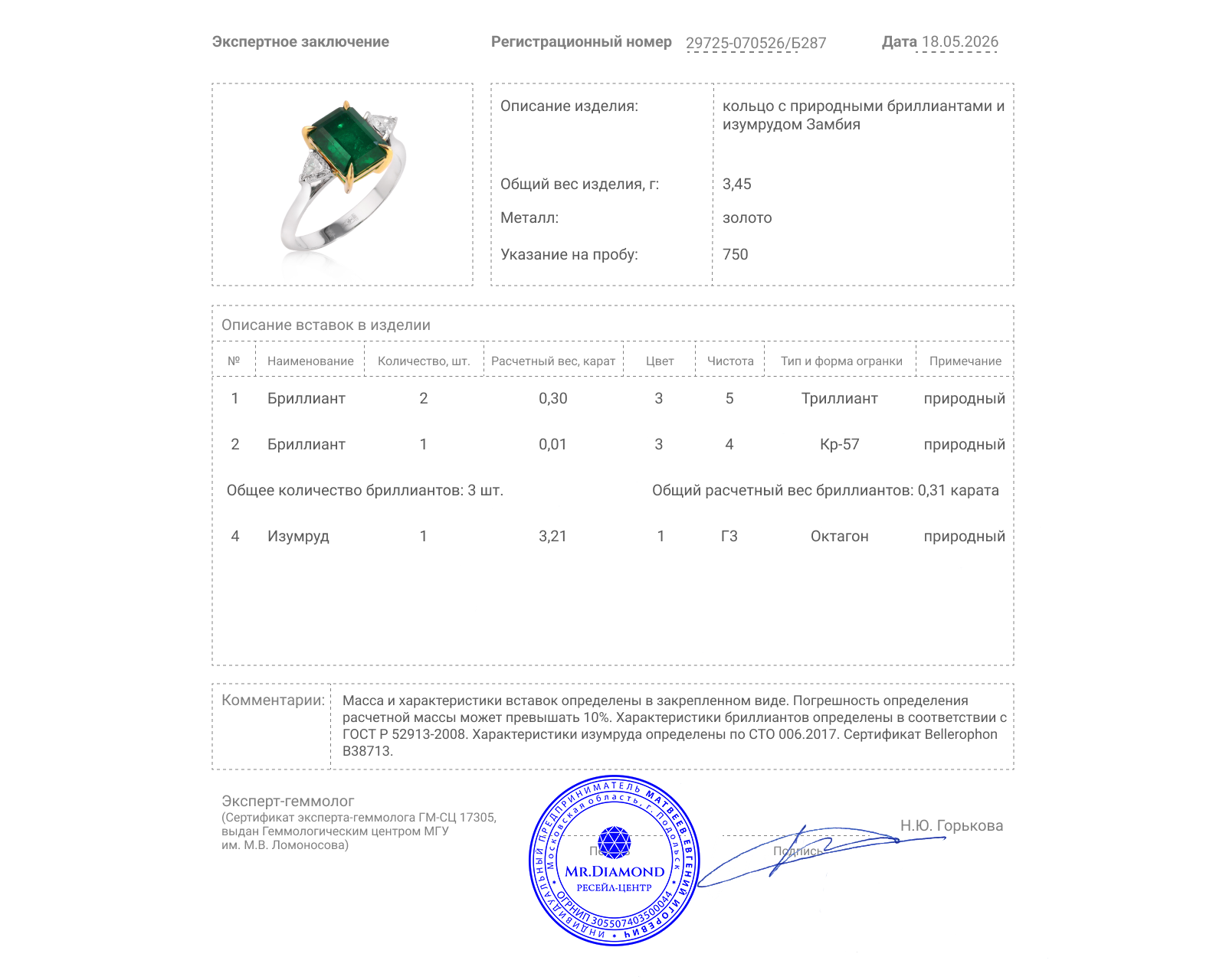 Золотое кольцо с изумрудом Замбия 3.21ct и бриллиантами 0.31ct