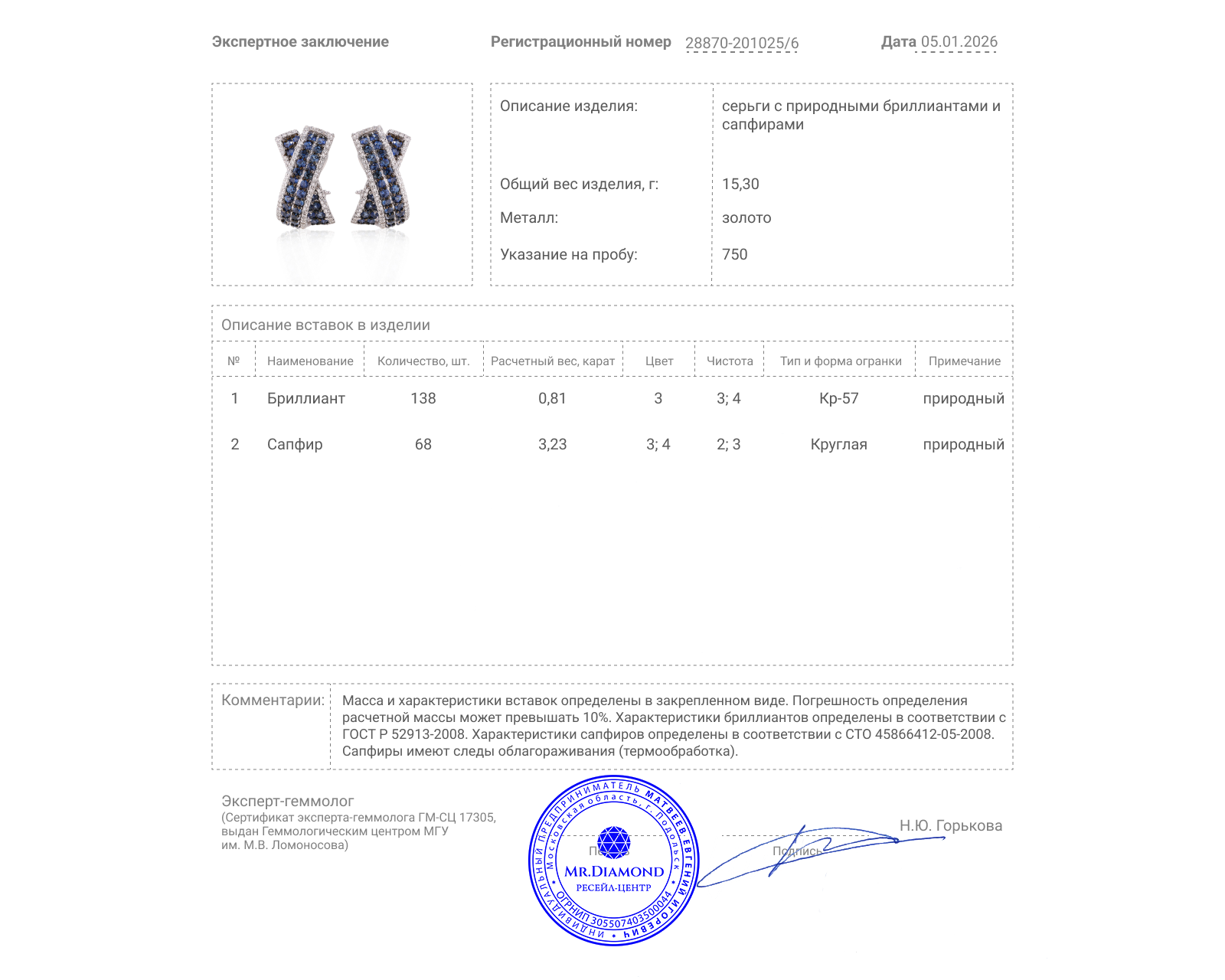 Золотые серьги с сапфирами 3.23ct и бриллиантами 0.11ct