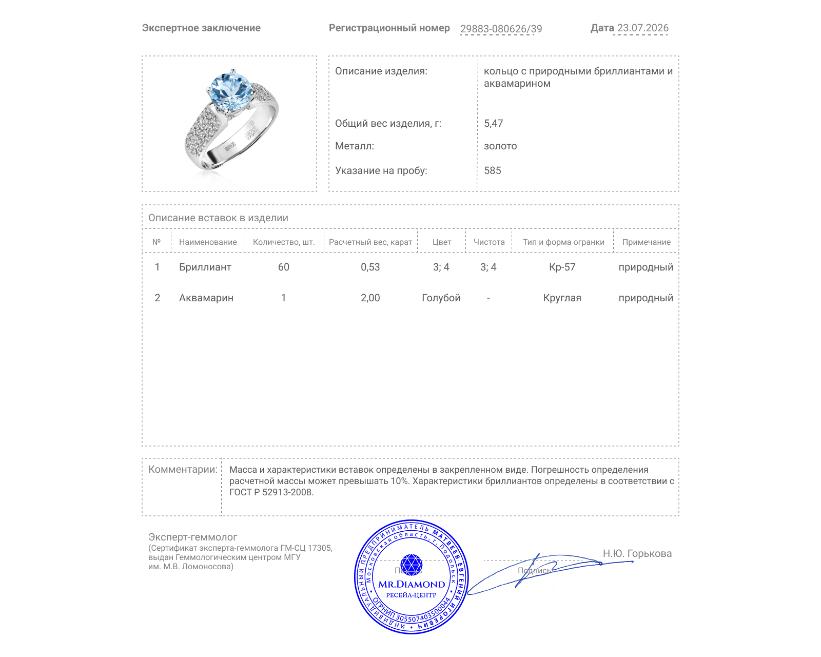 Золотое кольцо с аквамарином 2.00ct и бриллиантами 0.53ct