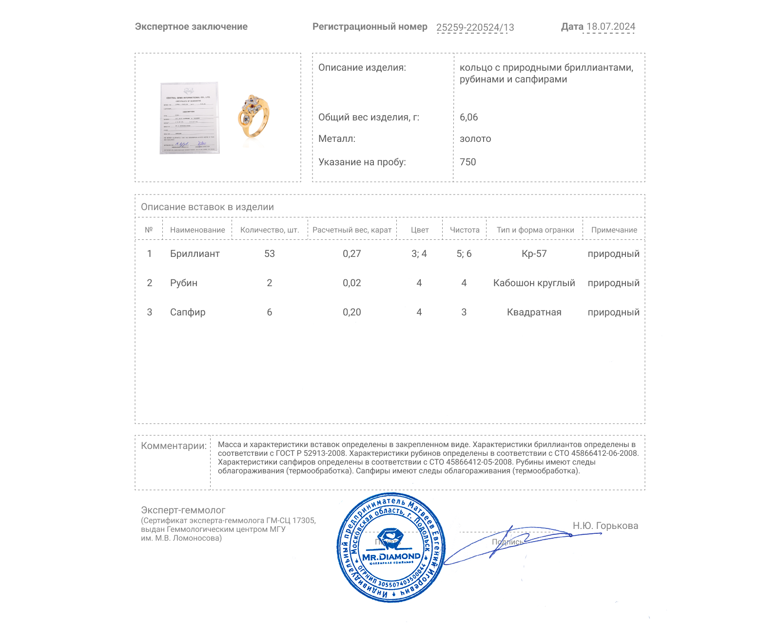 Золотое кольцо с сапфирами 0.20ct и бриллиантами 0.27ct