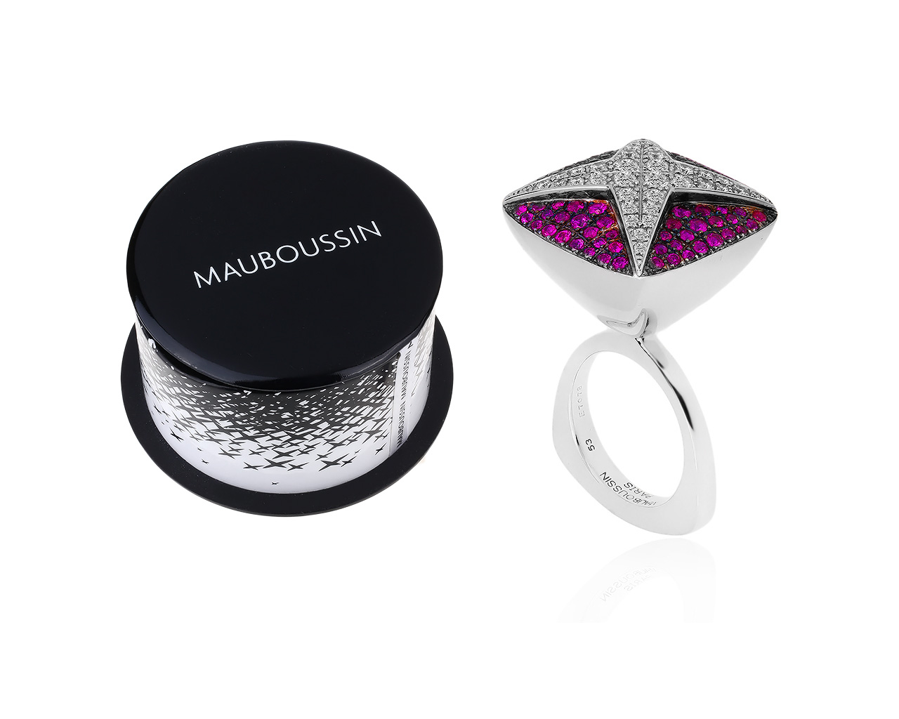 Оригинальное золотое кольцо с бриллиантами и рубинами Mauboussin