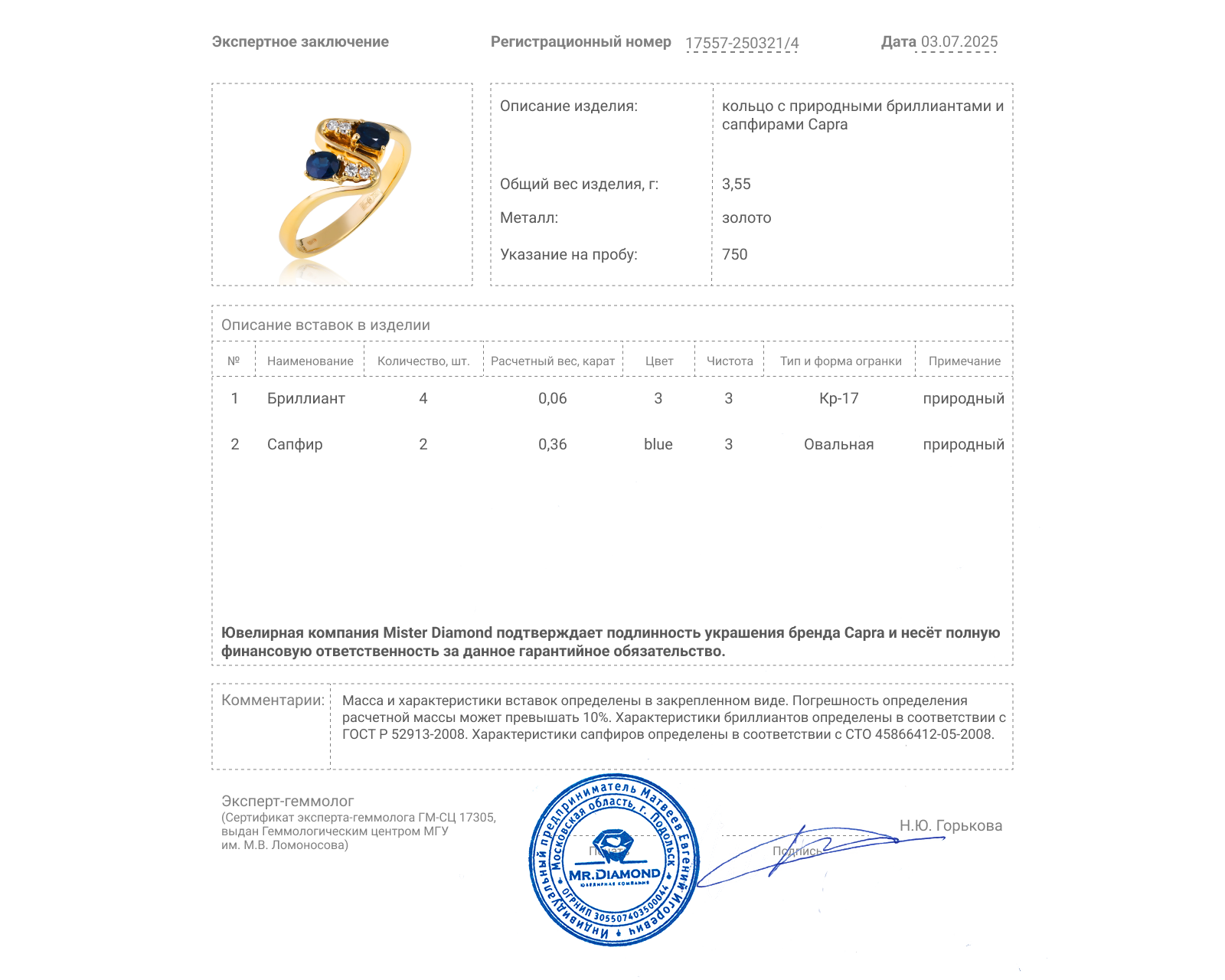 Оригинальное золотое кольцо с сапфирами 0.36ct Capra