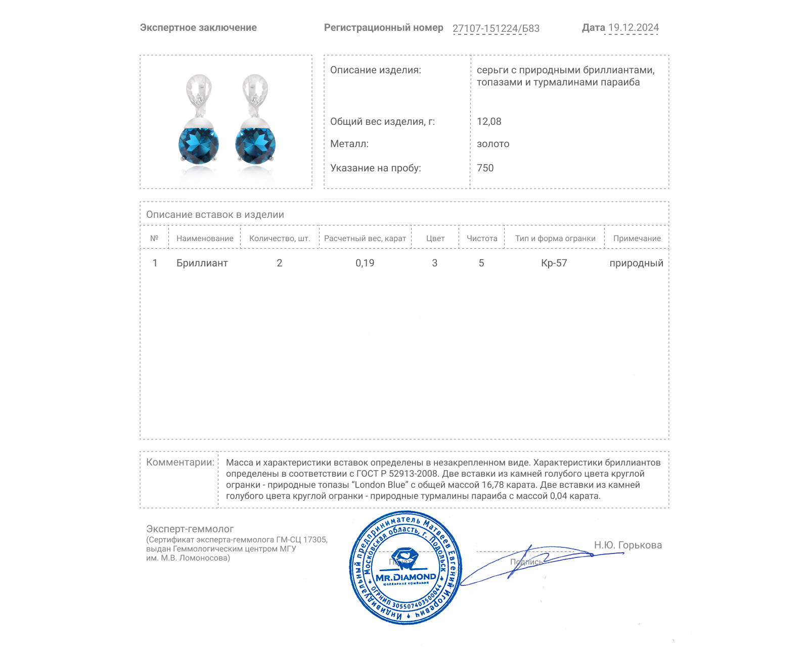 Золотые серьги с топазами 16.78ct и бриллиантами 0.19ct Evgeny Matveev