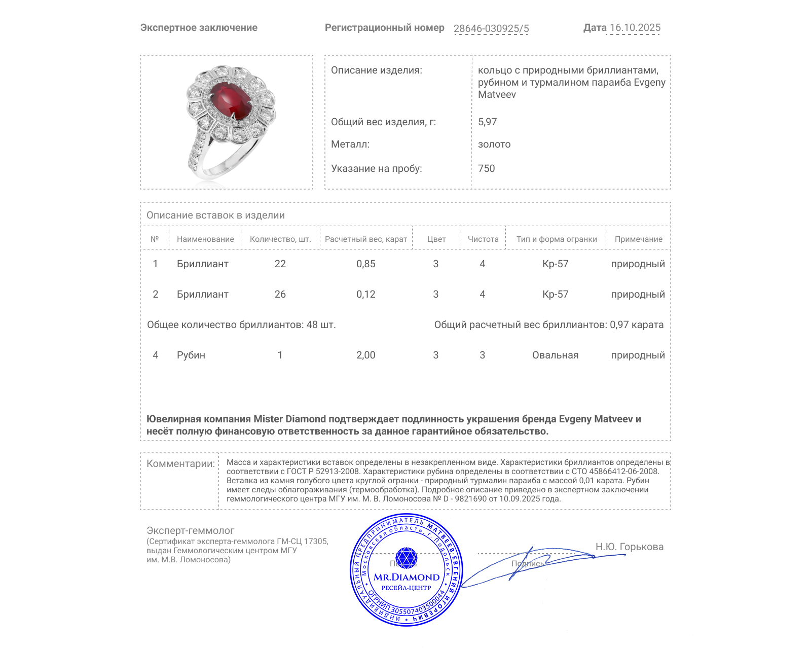Золотое кольцо с рубином 2.00ct и бриллиантами 0.97ct Evgeny Matveev