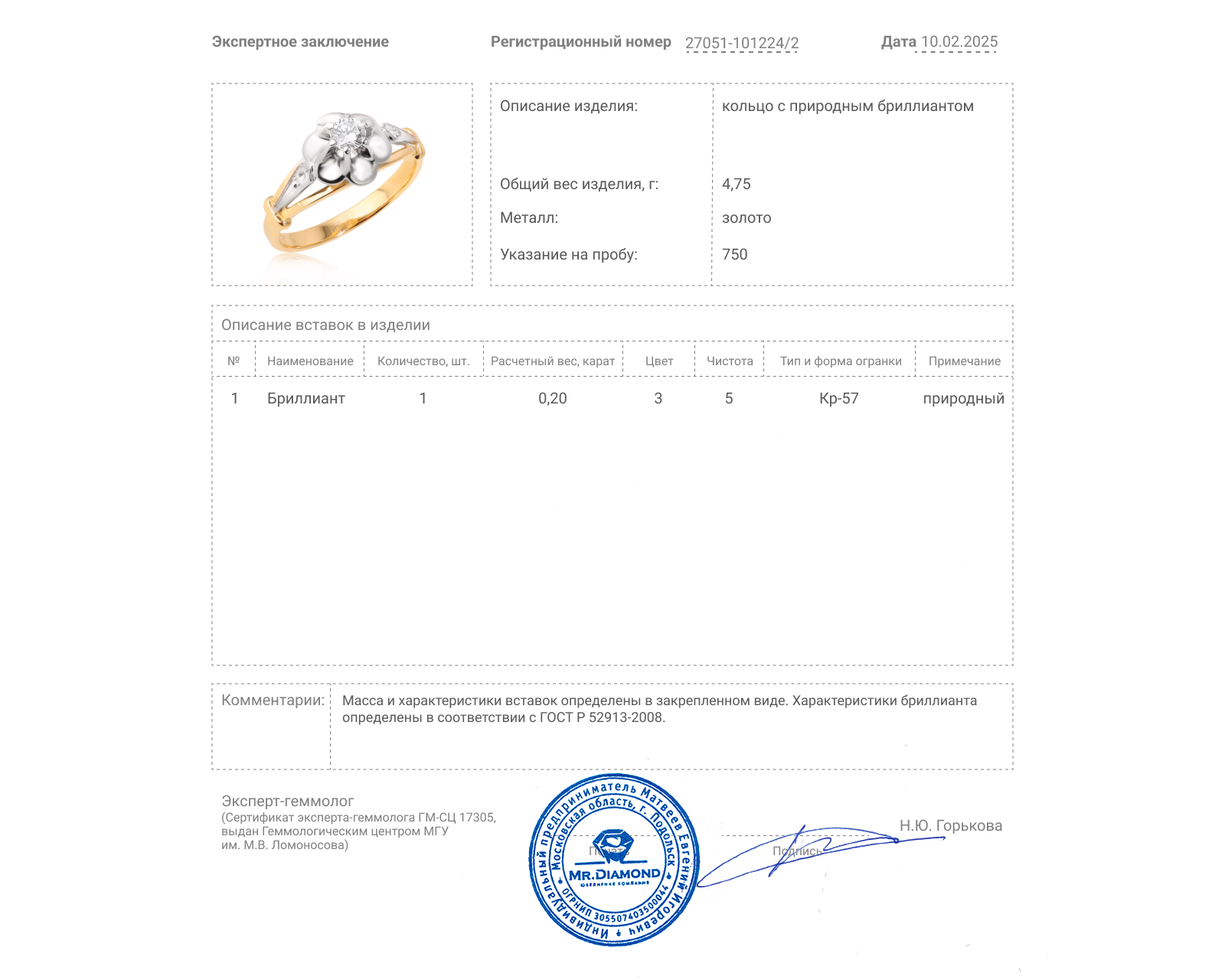 Золотое кольцо с бриллиантом 0.20ct