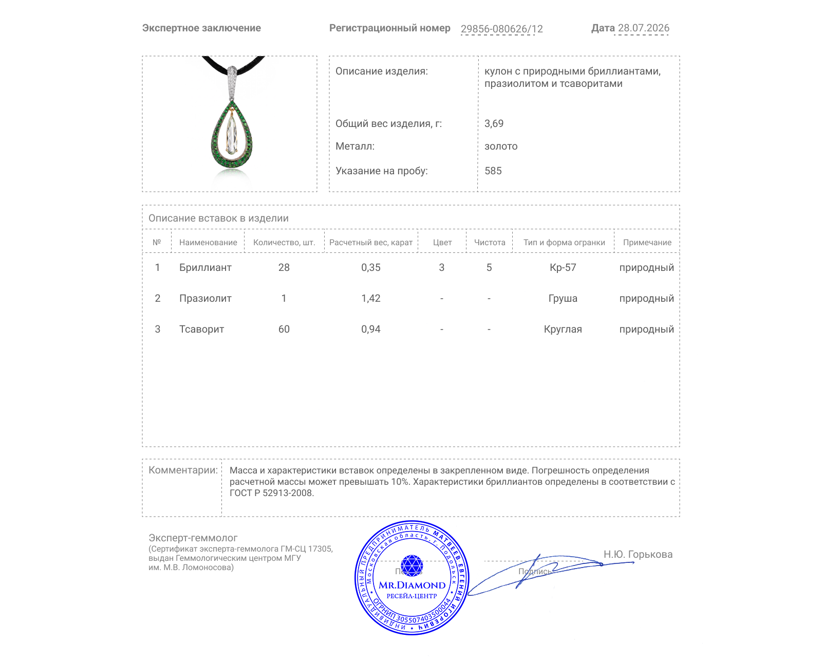 Золотой кулон с празиолитом 1.42ct и тсаворитами 0.94ct