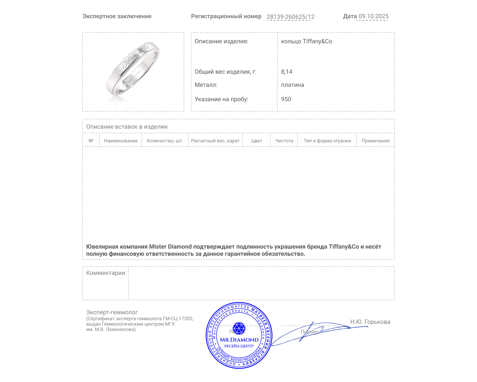 Оригинальное платиновое кольцо Tiffany&Co Milgrain