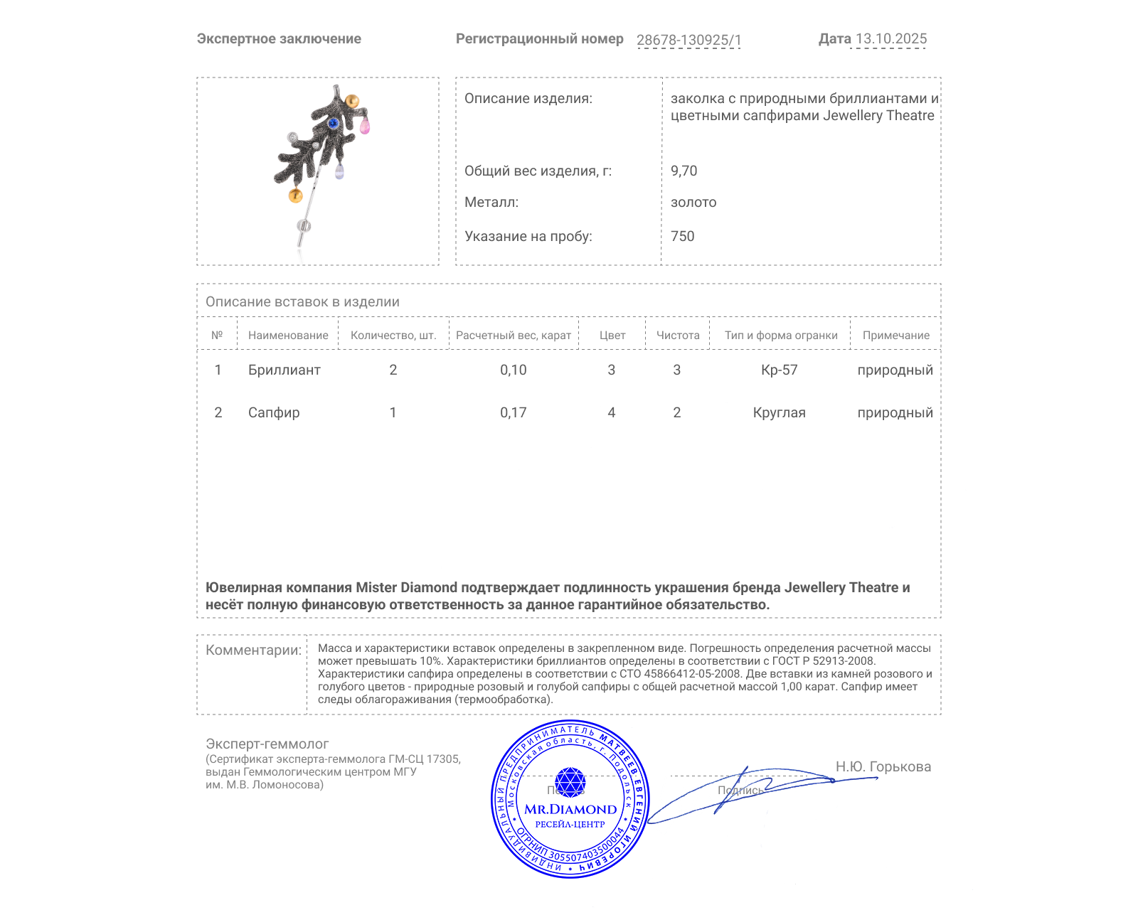 Оригинальная золотая заколка с сапфирами 1.17ct Jewellery Theatre