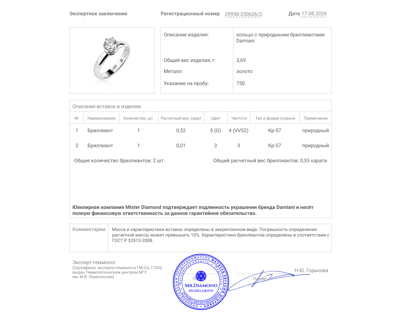 Оригинальное золотое кольцо с бриллиантами 0.53ct Damiani Minou