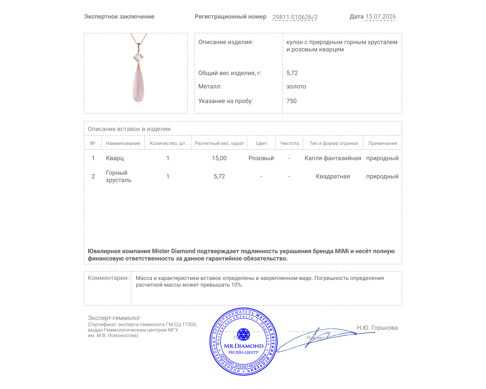 Оригинальный золотой кулон с розовым кварцем 15.00ct MiMi