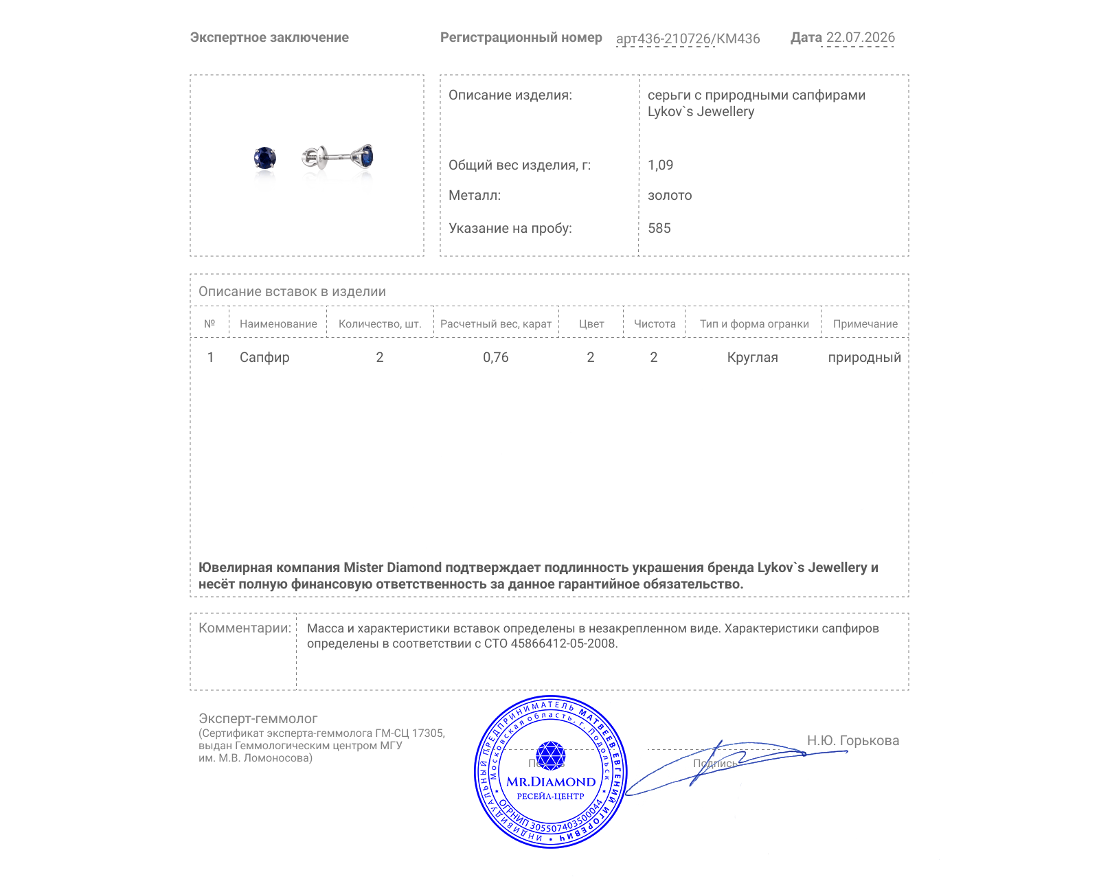 Оригинальные золотые серьги с сапфирами 0.98ct Lykov`s Jewellery