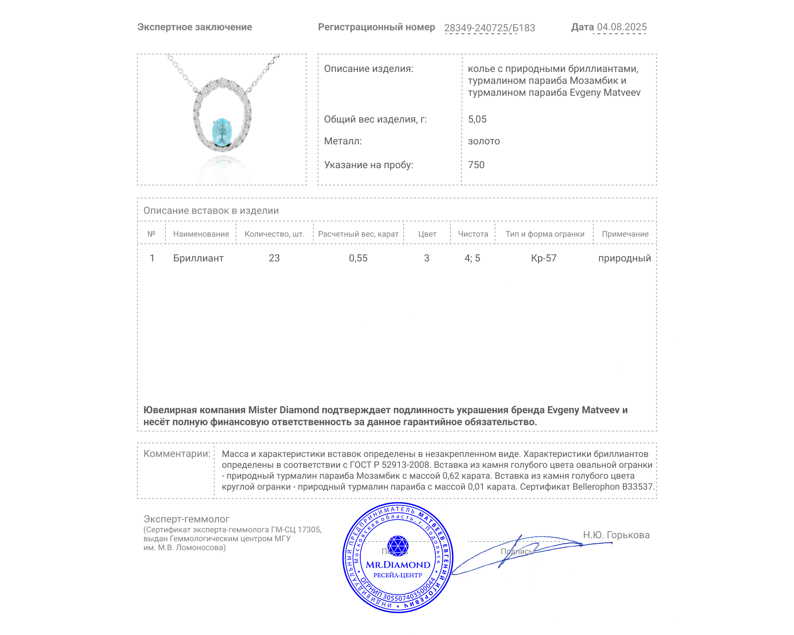 Золотое колье с турмалином параиба Мозамбик 0.62ct Evgeny Matveev
