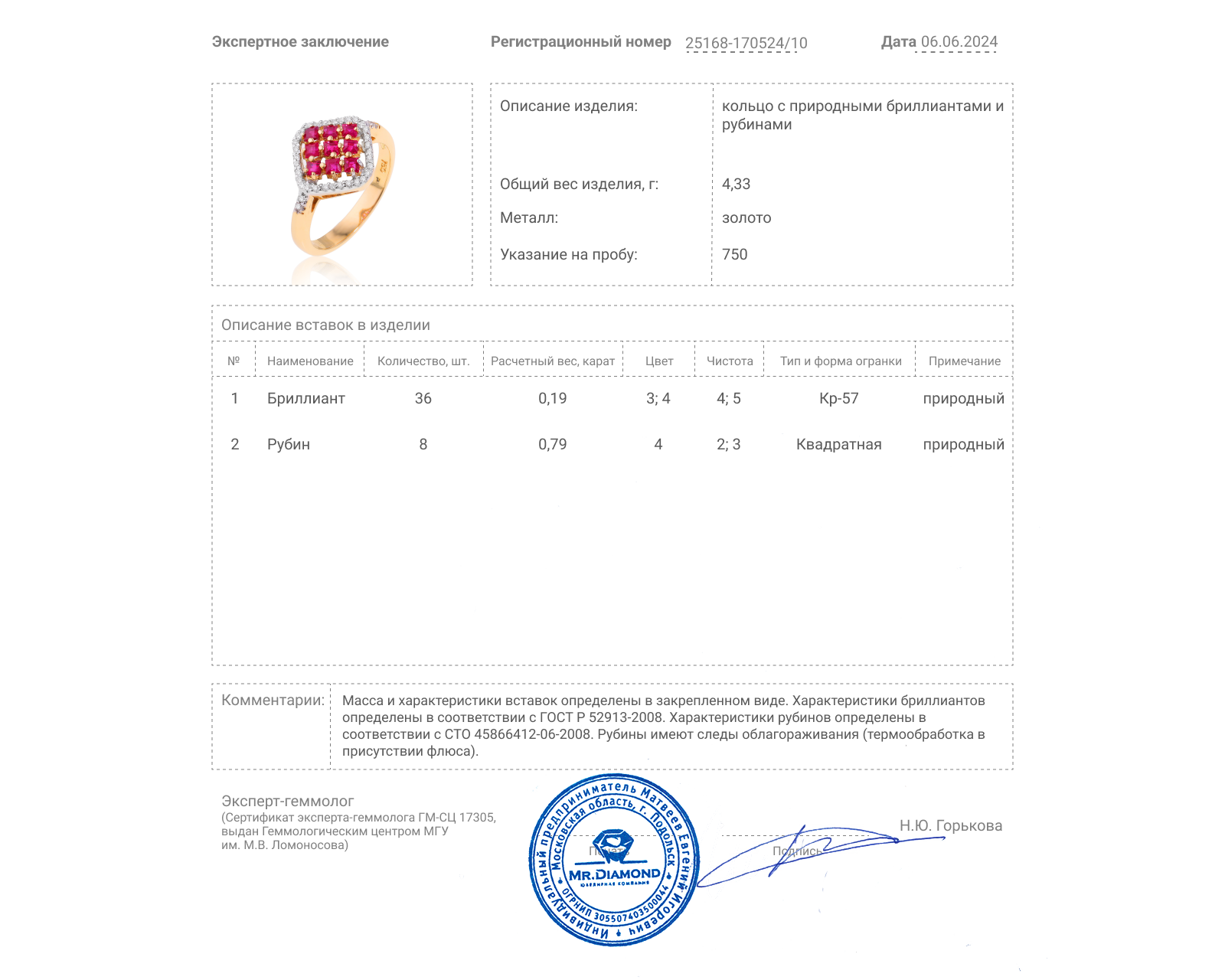 Золотое кольцо с рубинами 0.79ct и бриллиантами 0.19ct