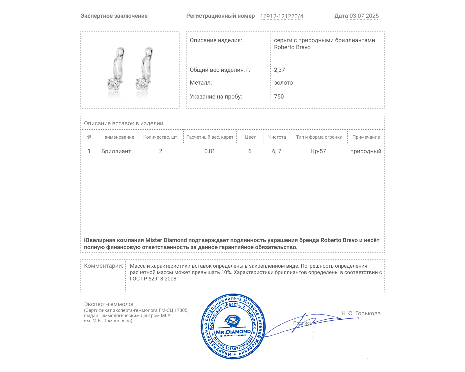 Оригинальные золотые серьги с бриллиантами 0.81ct Roberto Bravo