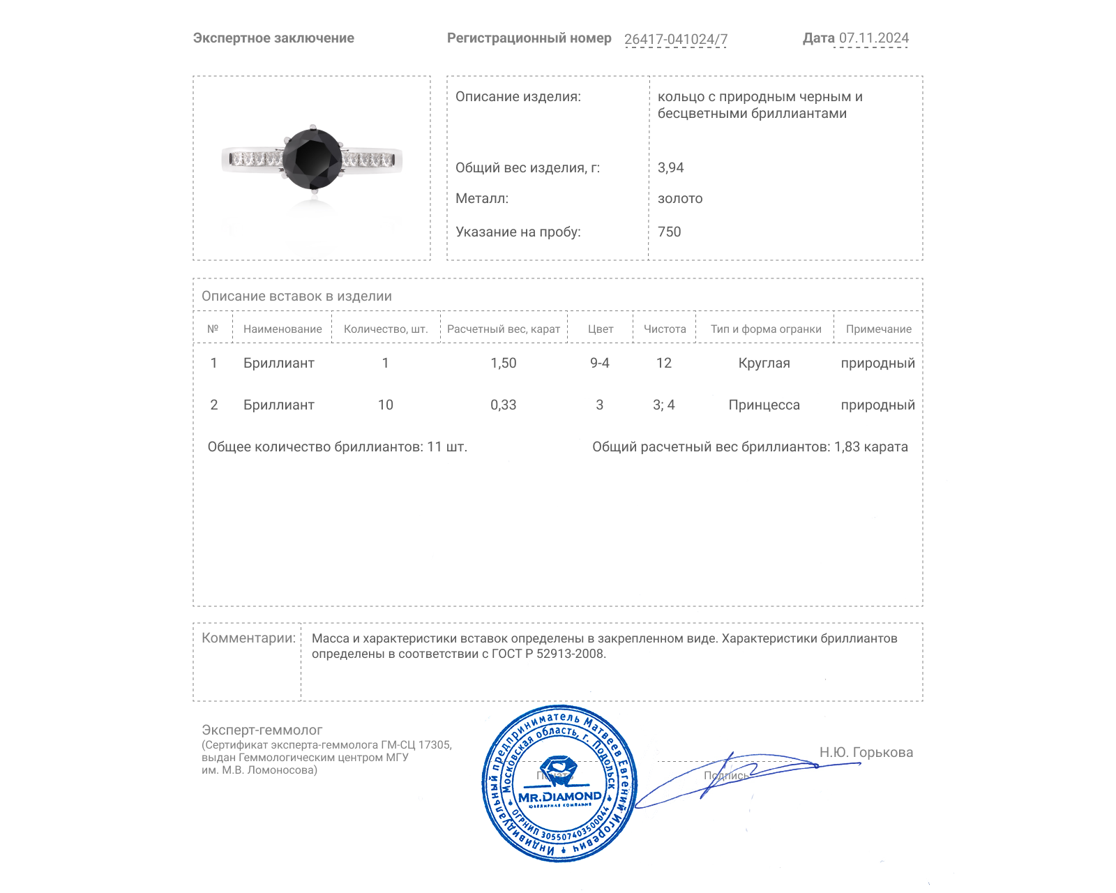 Золотое кольцо с бриллиантами 1.83ct