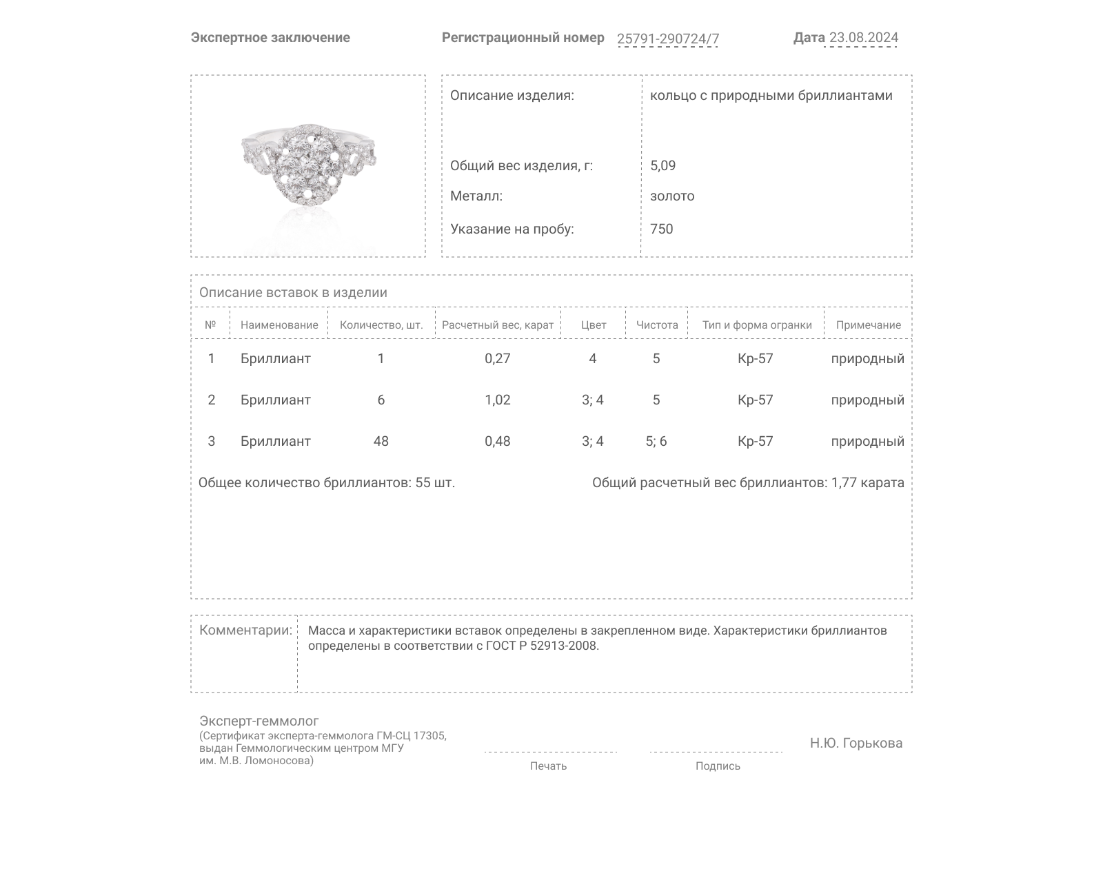 Золотое кольцо с бриллиантами 1.77ct